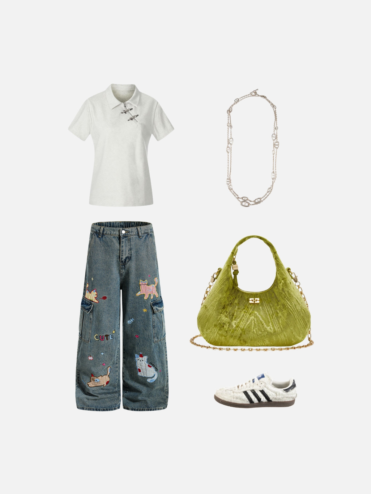 Haaura Cat Applique Baggy Cargo Jeans