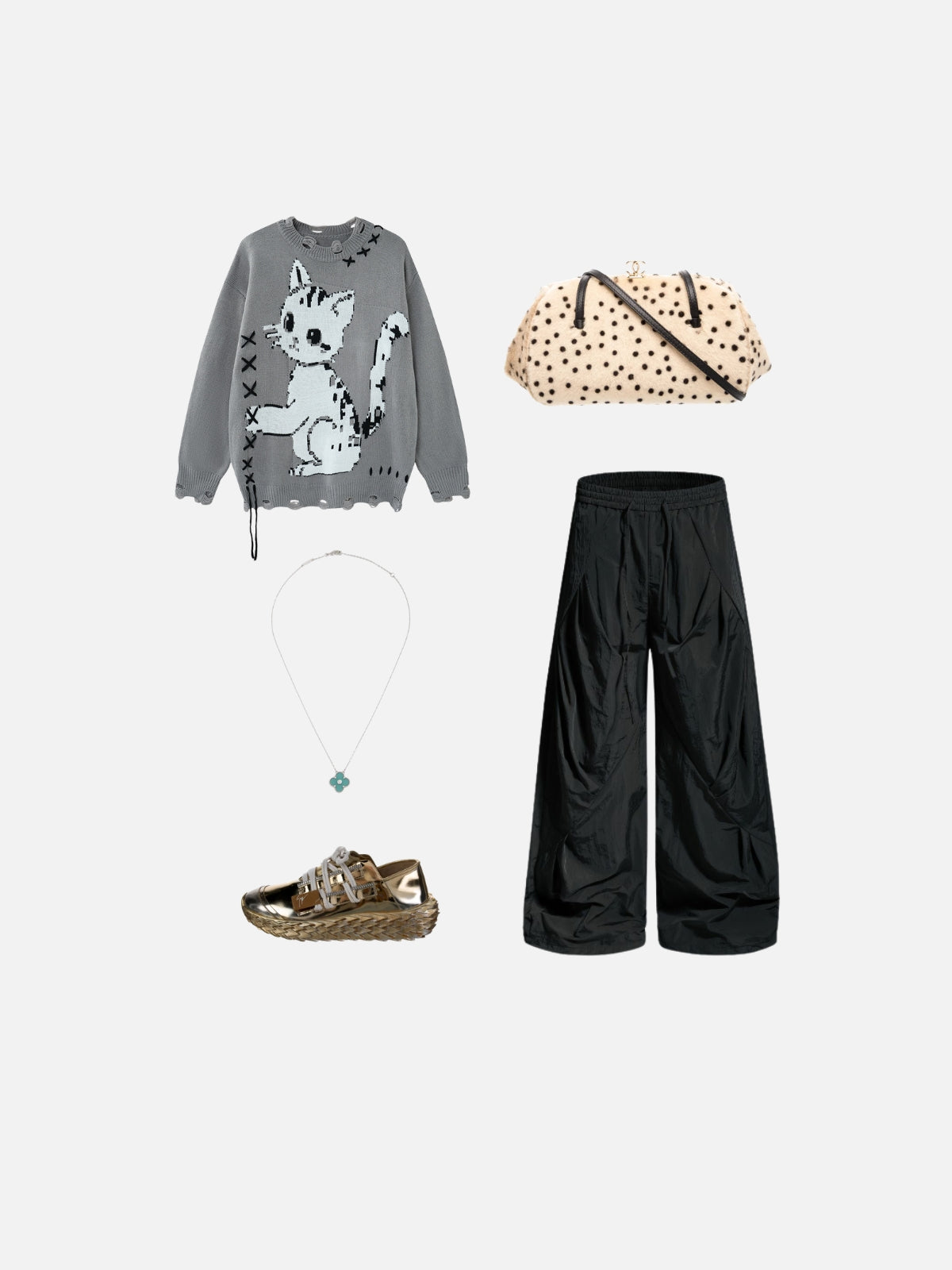 Haaura Pixel Cat Distressed Sweater
