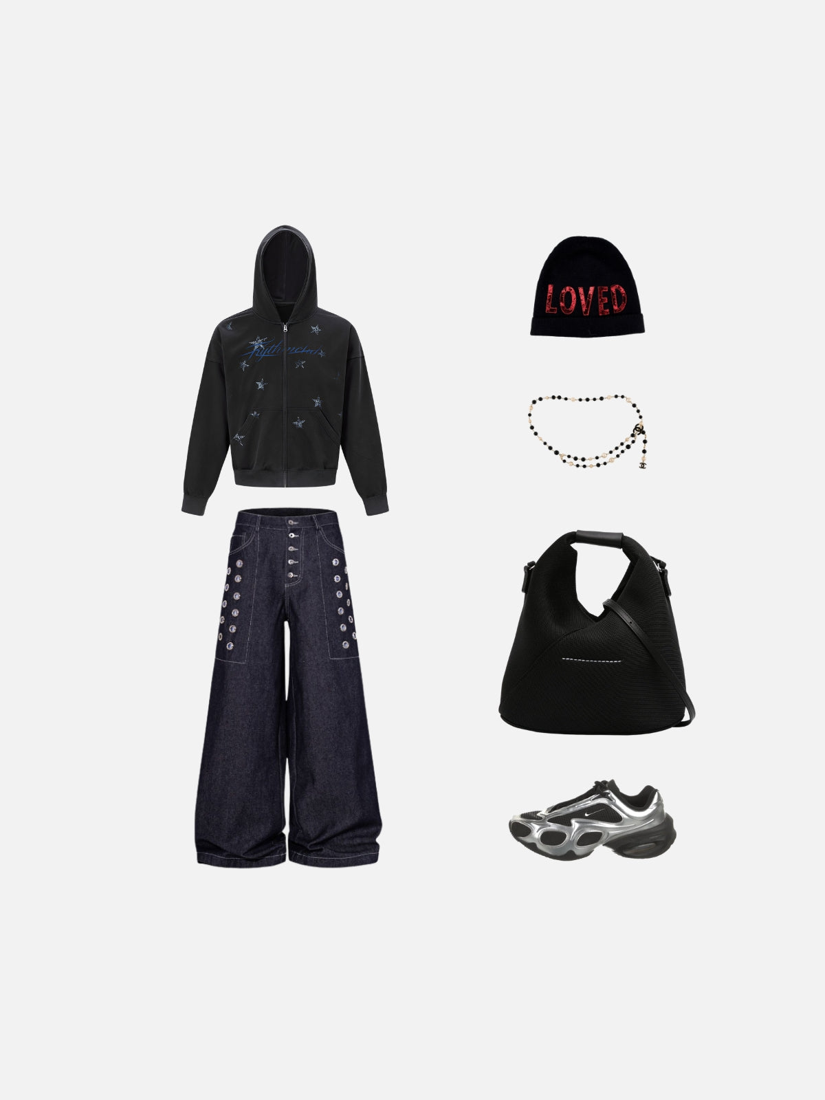 Haaura Washed Rhinestone Star Script Zip Up Hoodie