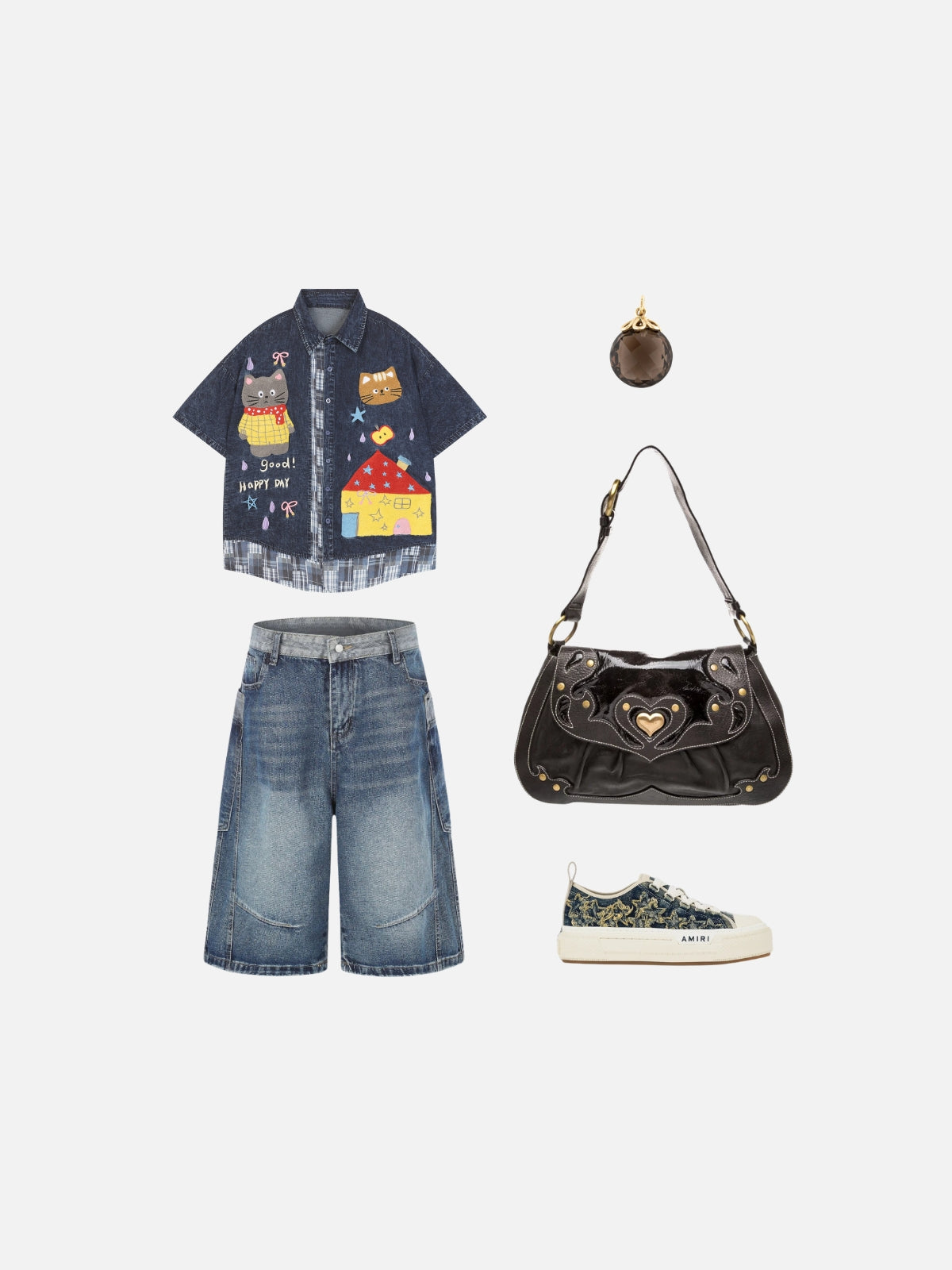 Haaura Cartoon Patchwork Denim Shirt