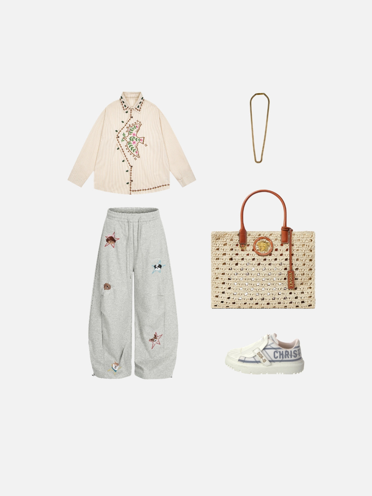 Haaura Floral Bird Embroidered Stripe Shirt
