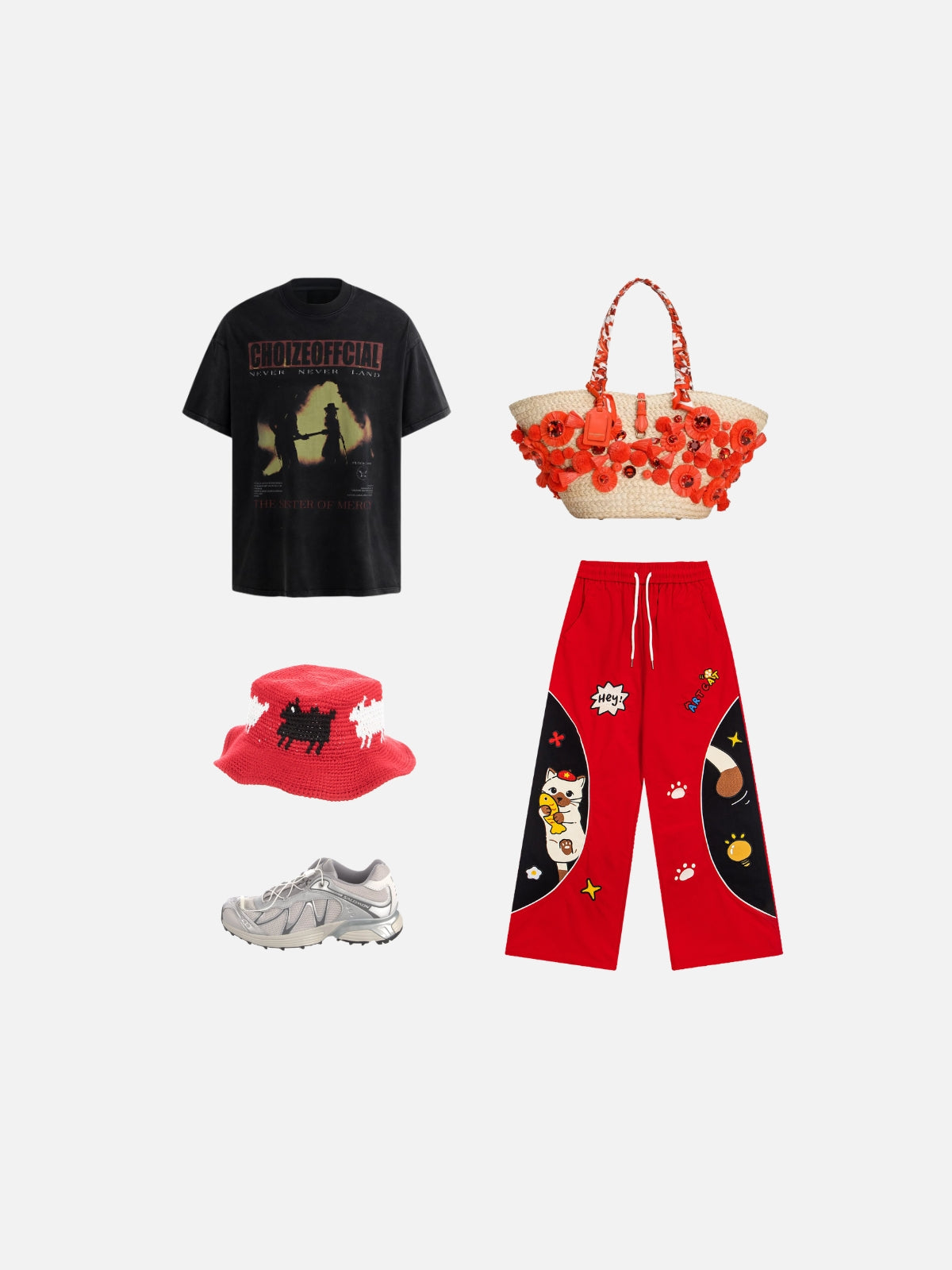 Haaura Cat Graphic Colorblock Baggy Pants