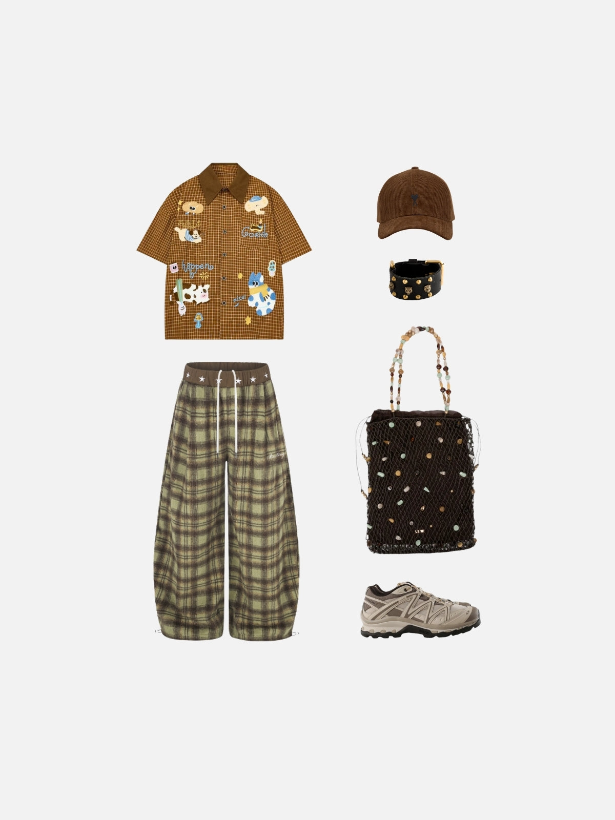 Haaura Animal Applique Plaid Contrast Collar Shirt
