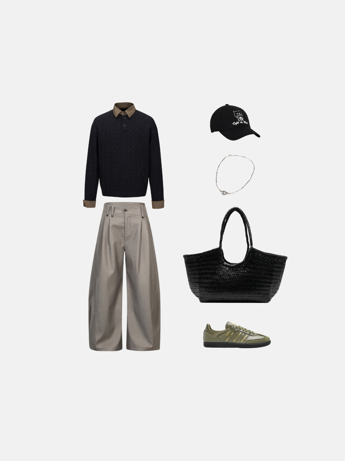 Haaura Cable Knit Contrast Collar Polo Sweater