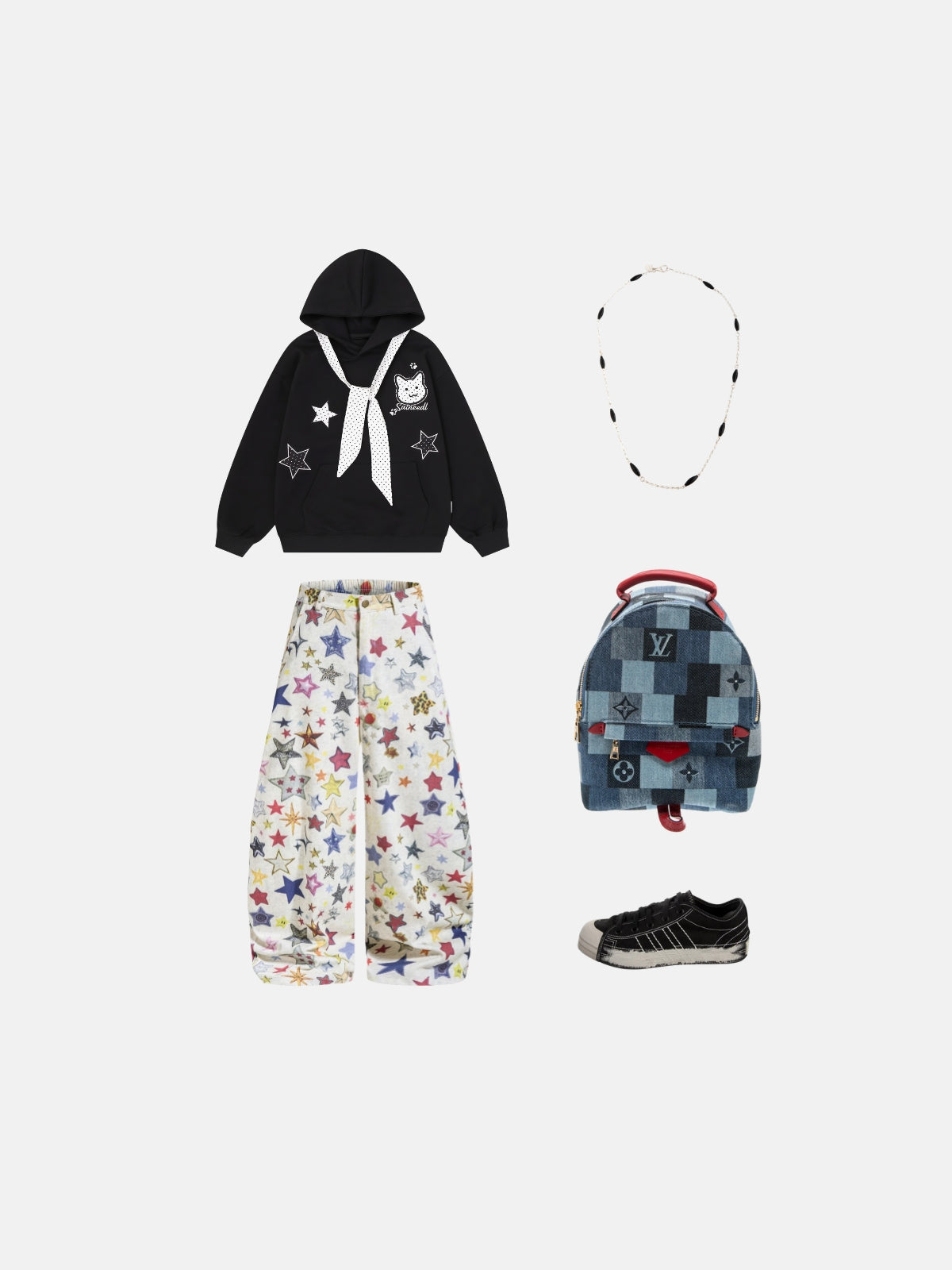 Haaura Polka Dot Tie Star Cat Graphic Hoodie