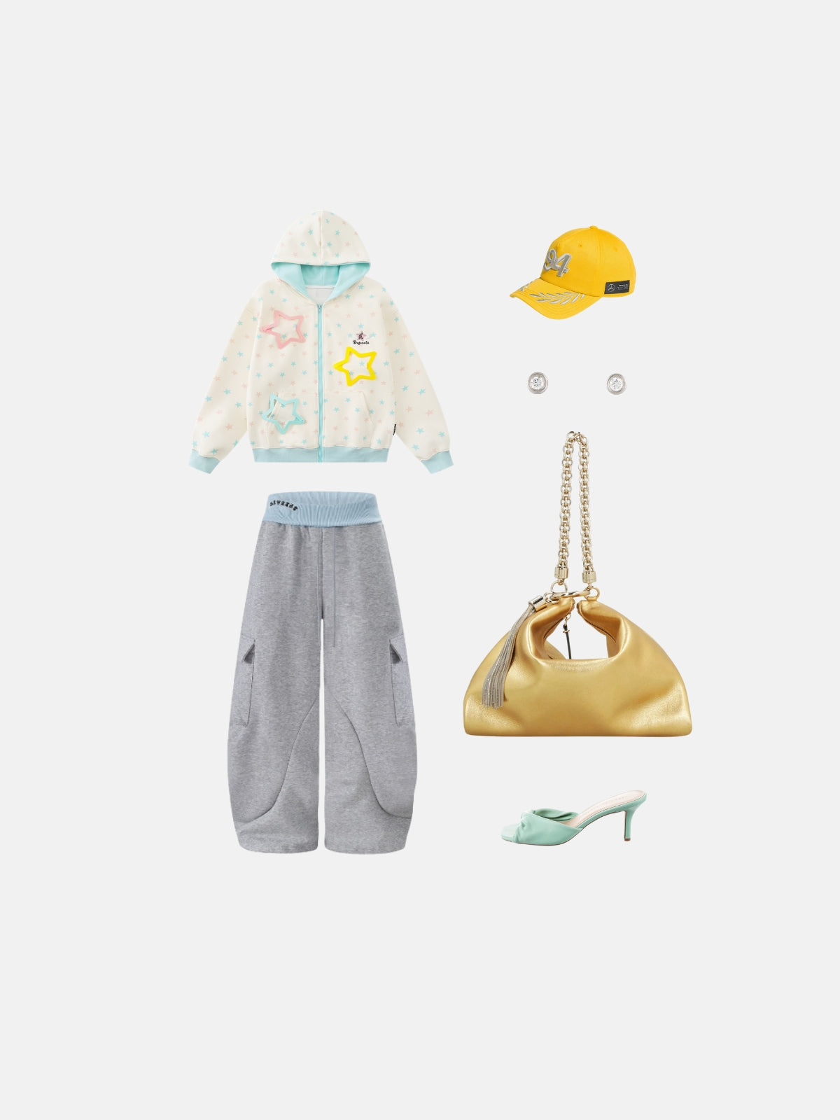 Haaura Pastel Star Applique Zip Up Hoodie
