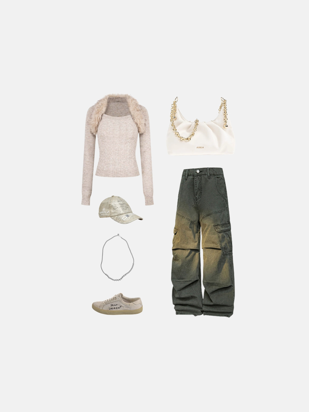 Haaura Faux Fur Collar Cable Knit Sweater