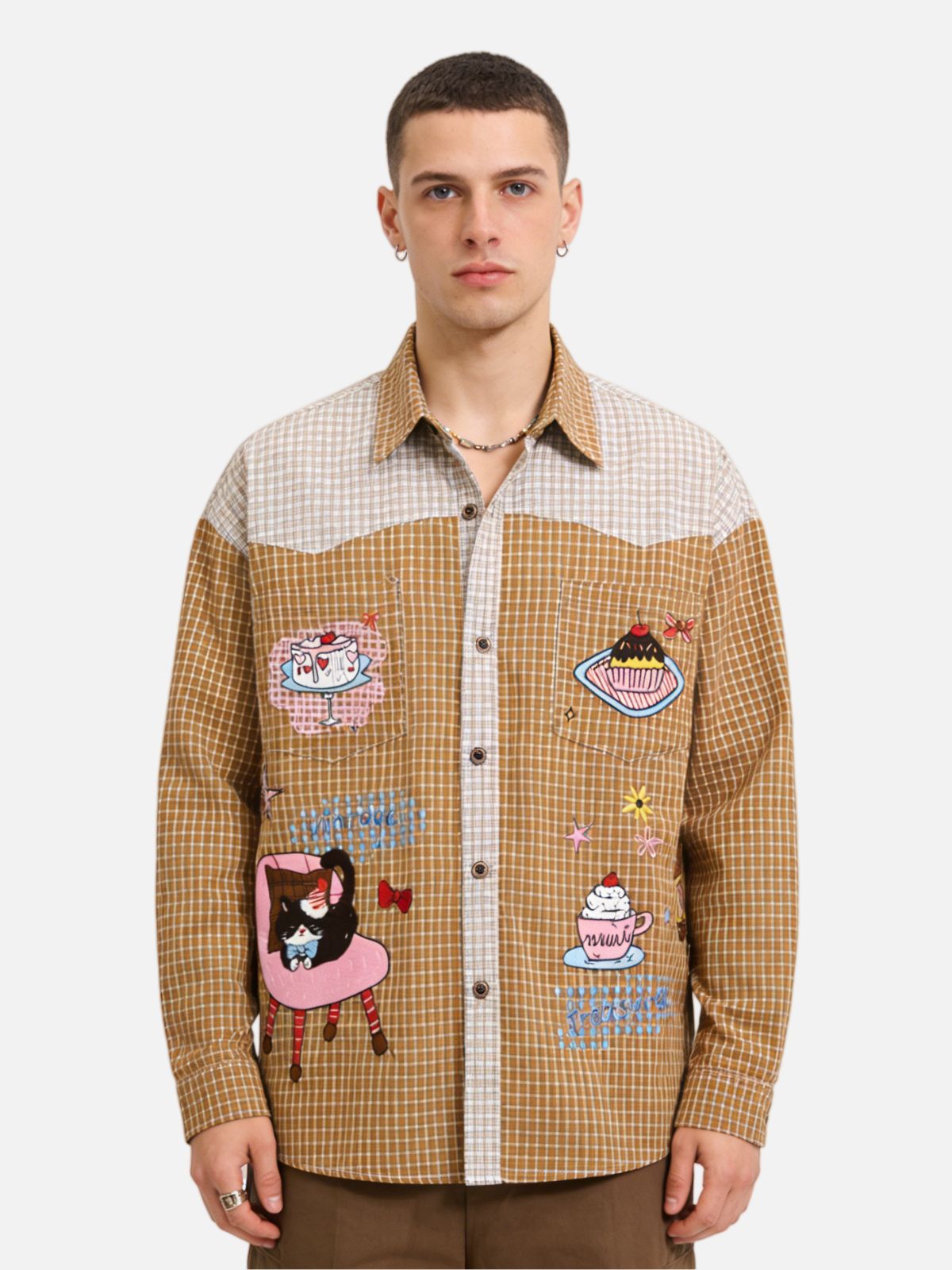 Haaura Vintage Checkered Cat & Cake Embroidered Shirt