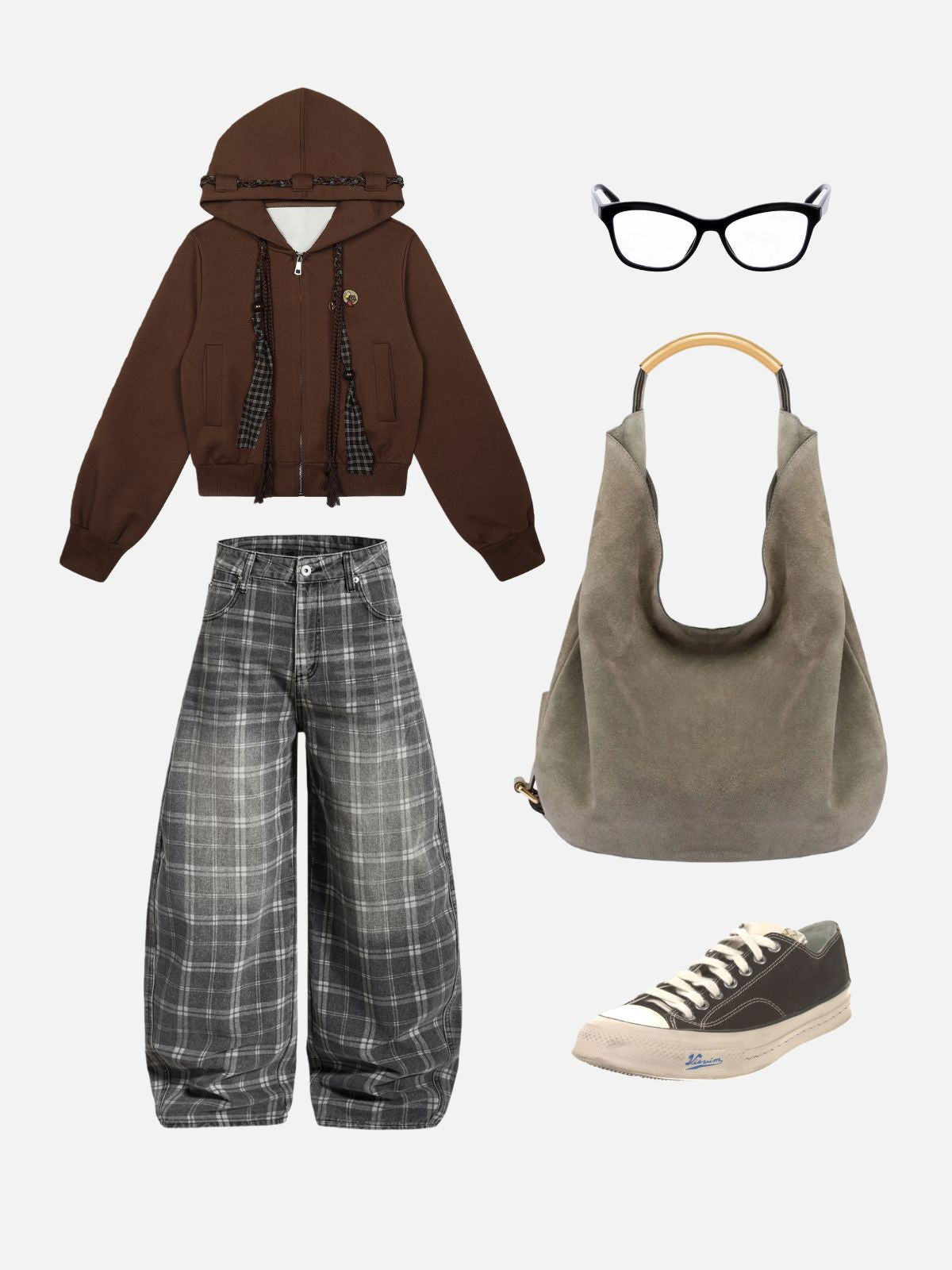 Haaura Cropped Plaid Rope Zip Up Hoodie