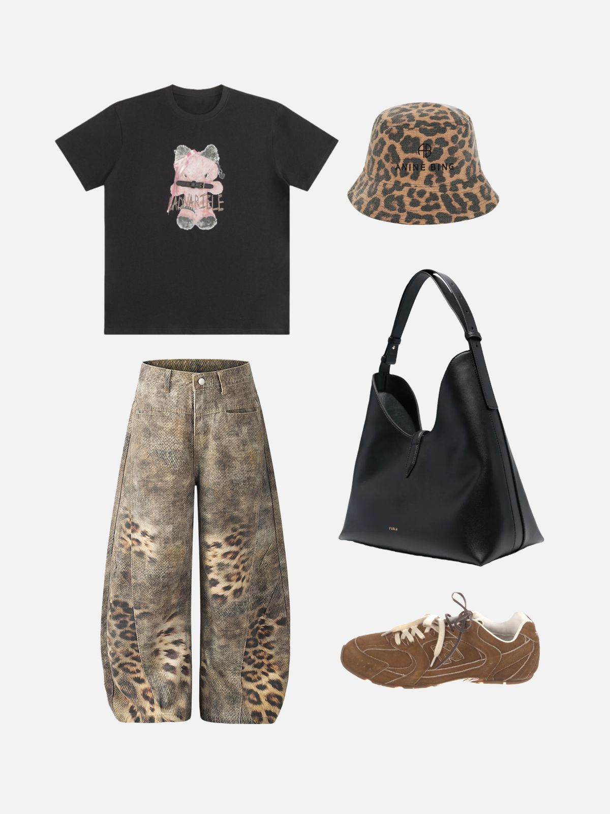 Haaura Patchwork Leopard-Print Baggy Barrel Jeans