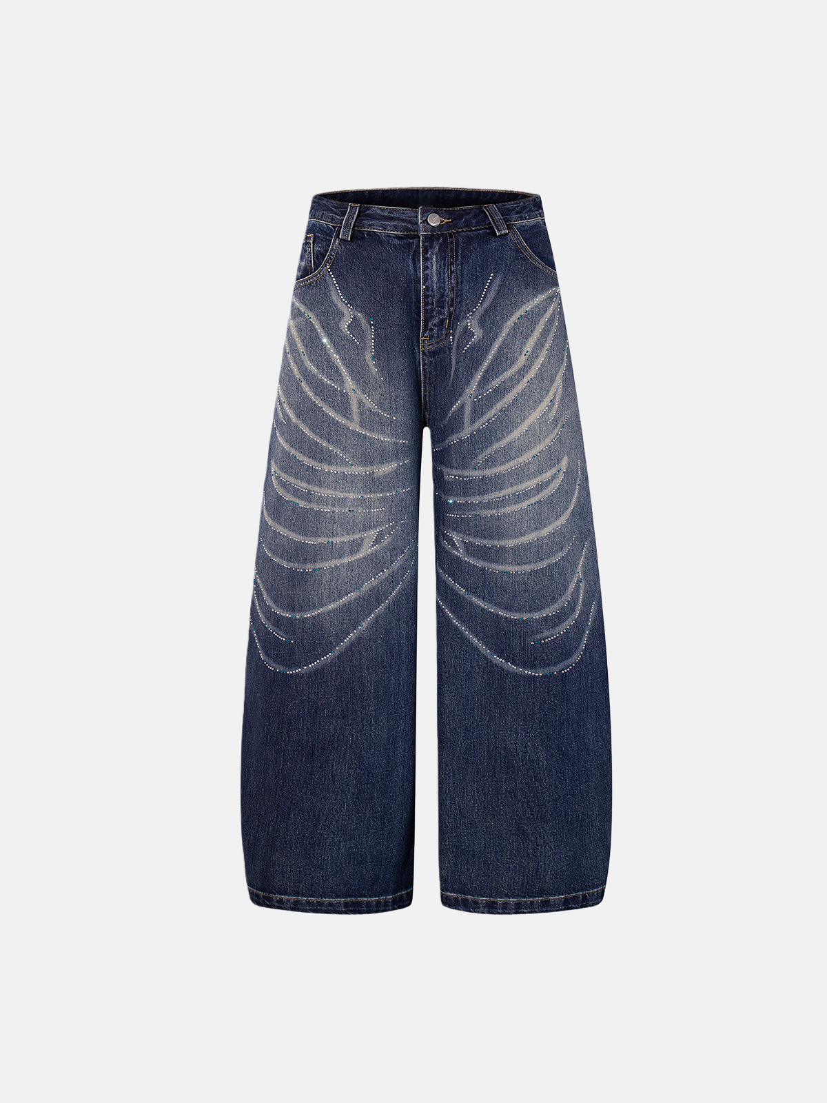 Haaura Rhinestone Washed Whiskering Baaggy Jeans