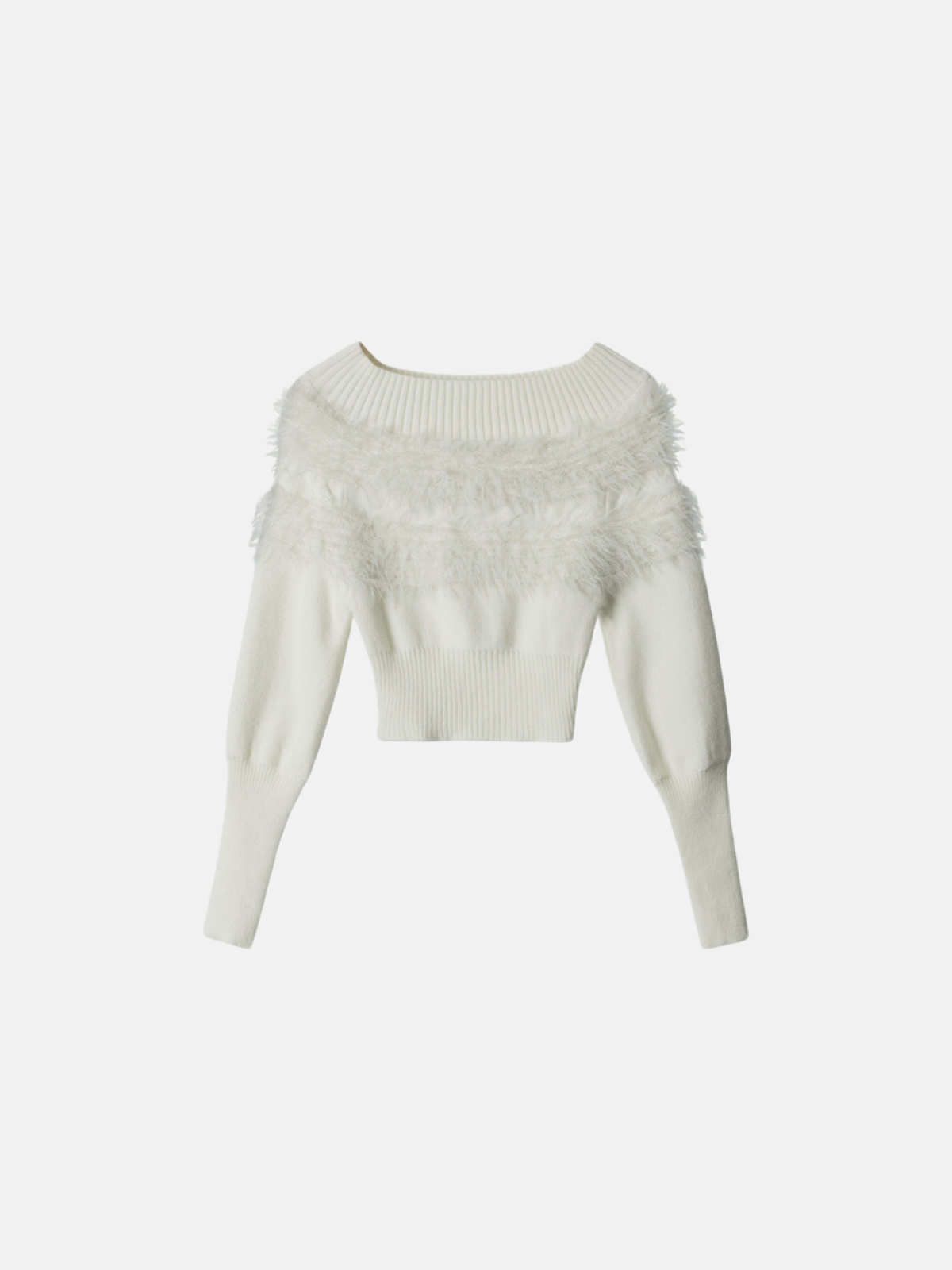 Haaura Feather Trim Off-Shoulder Cropped Sweater