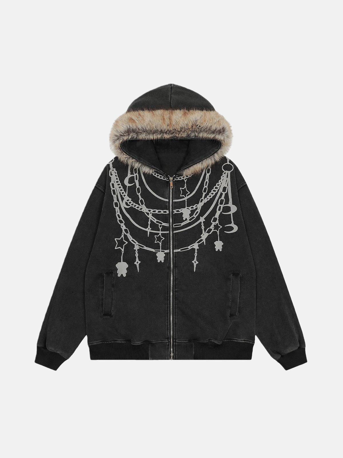 Haaura Chain Print Faux Fur Collar Zip Up Hoodie