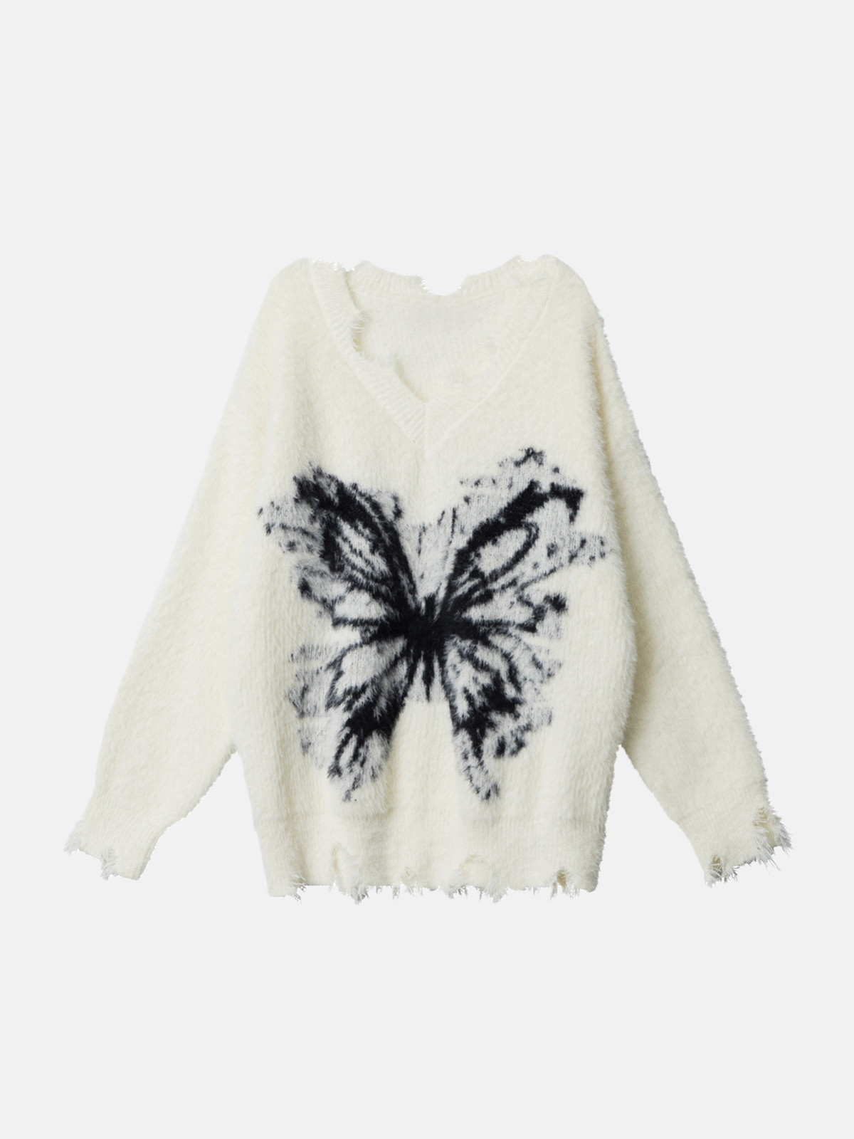 Haaura Distressed Butterfly V-Neck Sweater