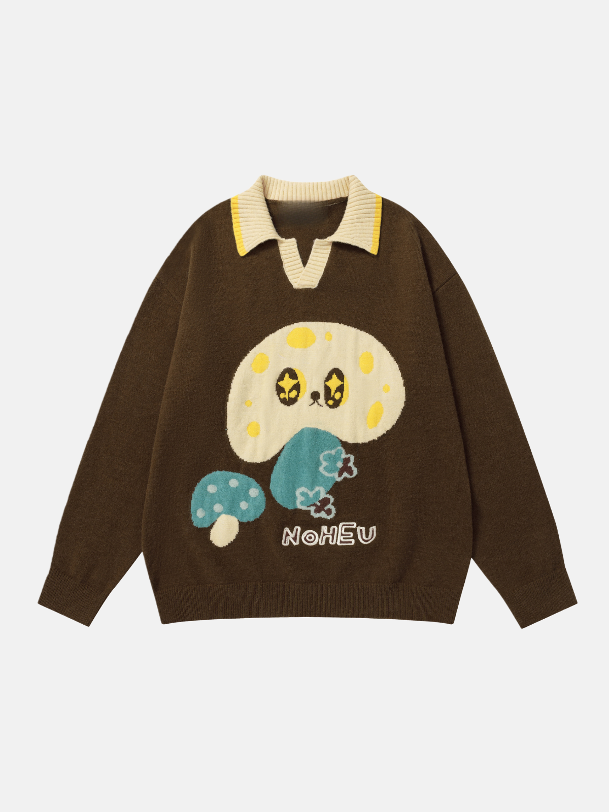 Haaura Whimsical Mushroom Polo Knit Sweater