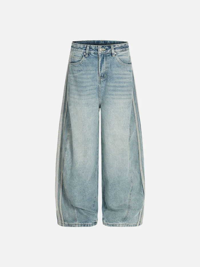 Haaura Stripe Washed Whiskering Baggy Barrel Jeans