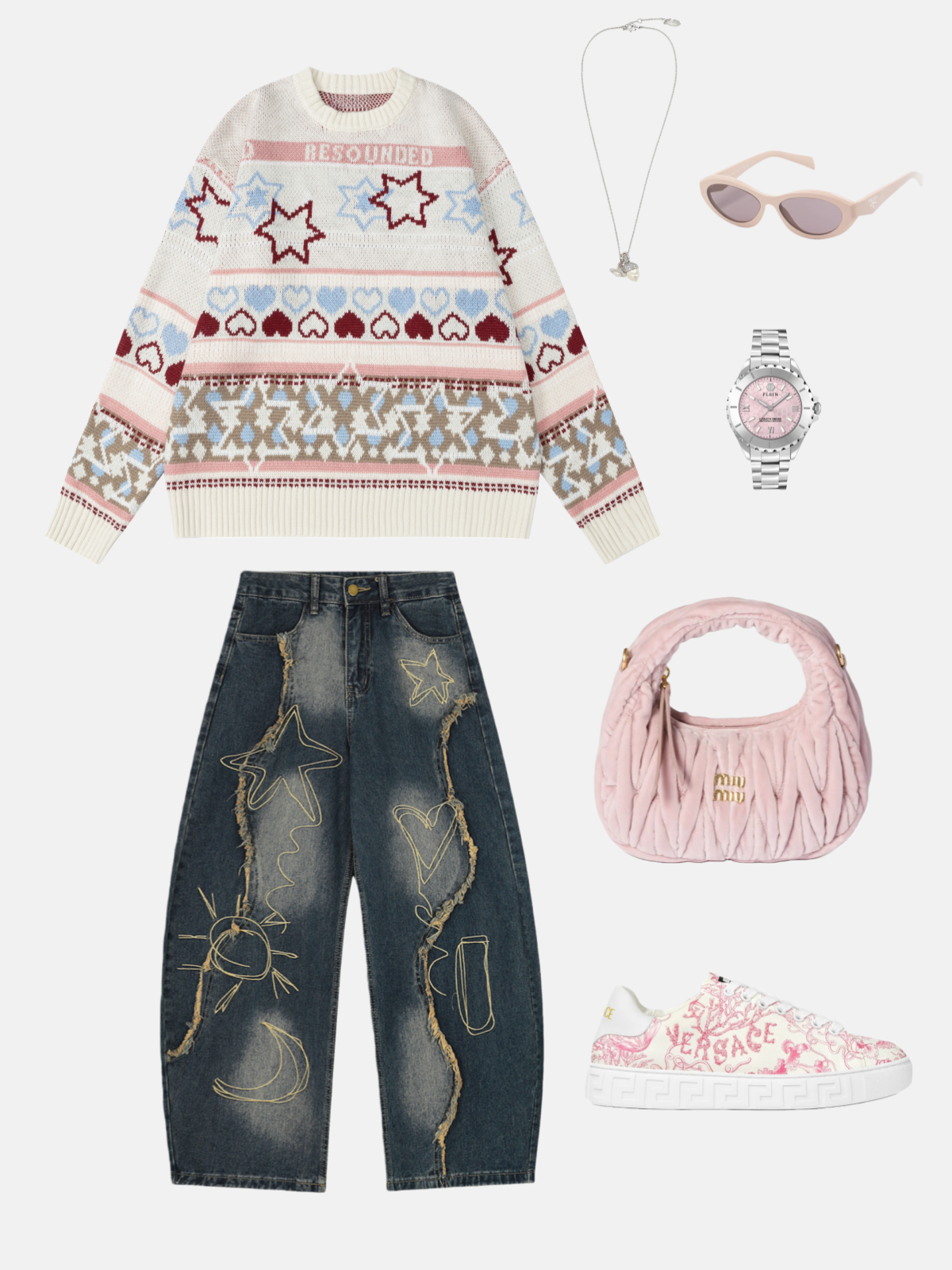 Haaura Astro Hearts Embroidered Raw Hem Super Baggy Jeans
