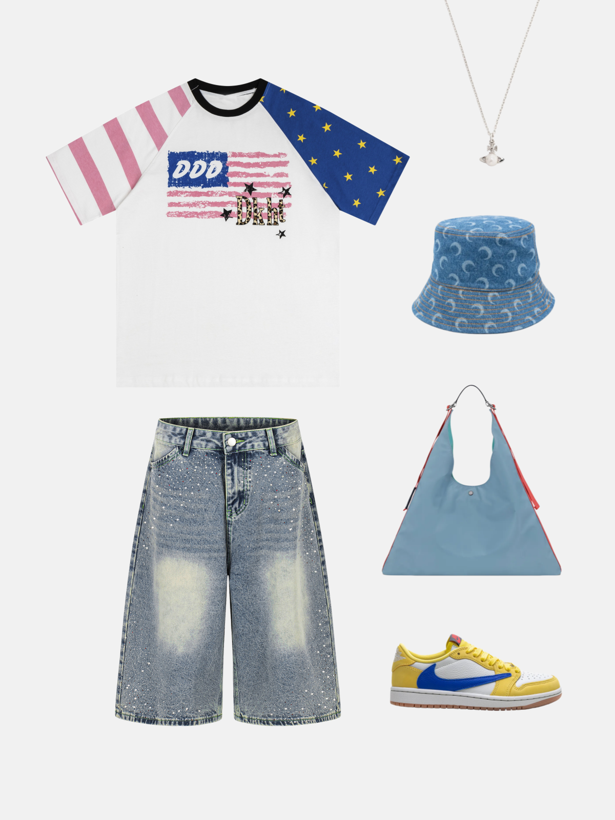 Haaura Asymmetric Sleeve Leopard & American Flag Tee