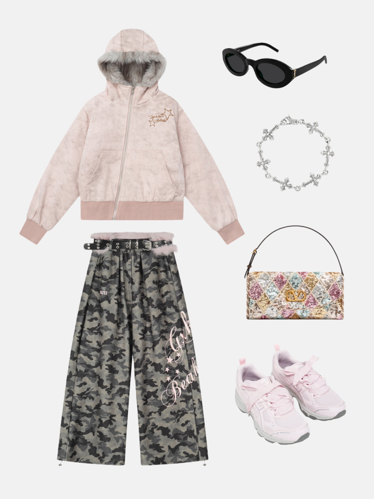 Pantalon super baggy Haaura camouflage rose fourrure taille graffiti étoile