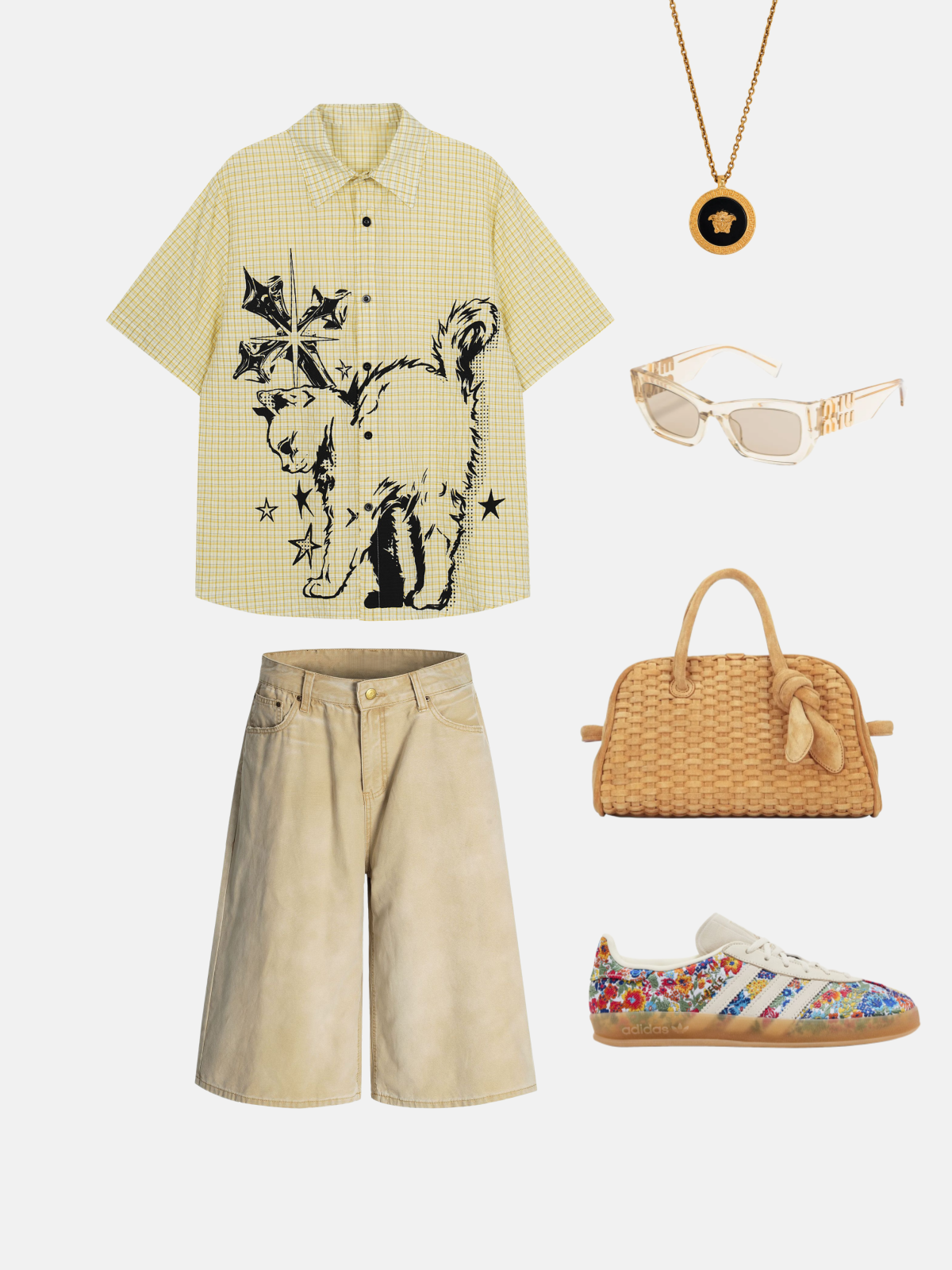 Haaura Cat Sketch Plaid Short Sleeve Shirt