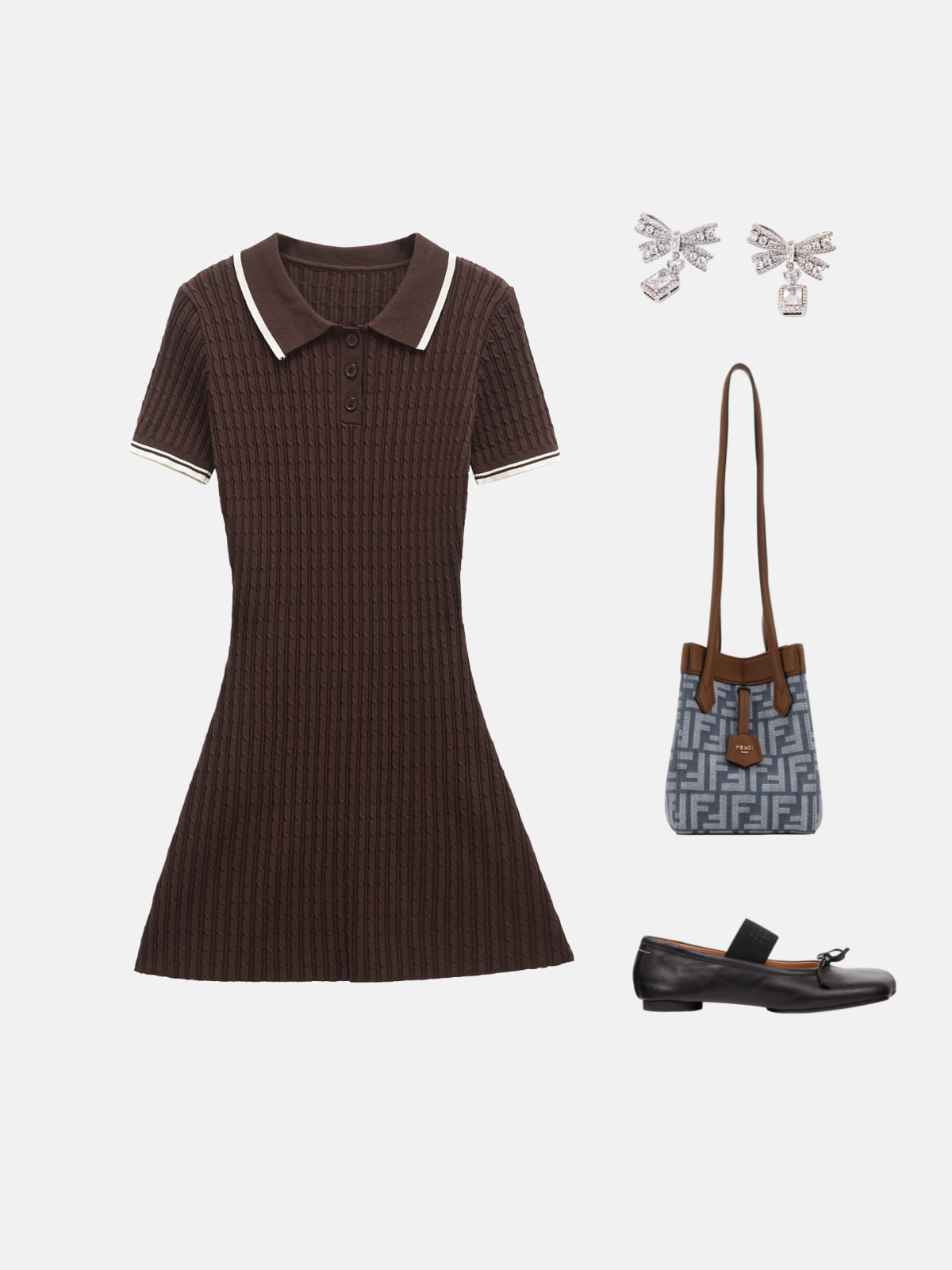 Haaura Chocolate Ribbed Polo Button Contrast Mini Dress