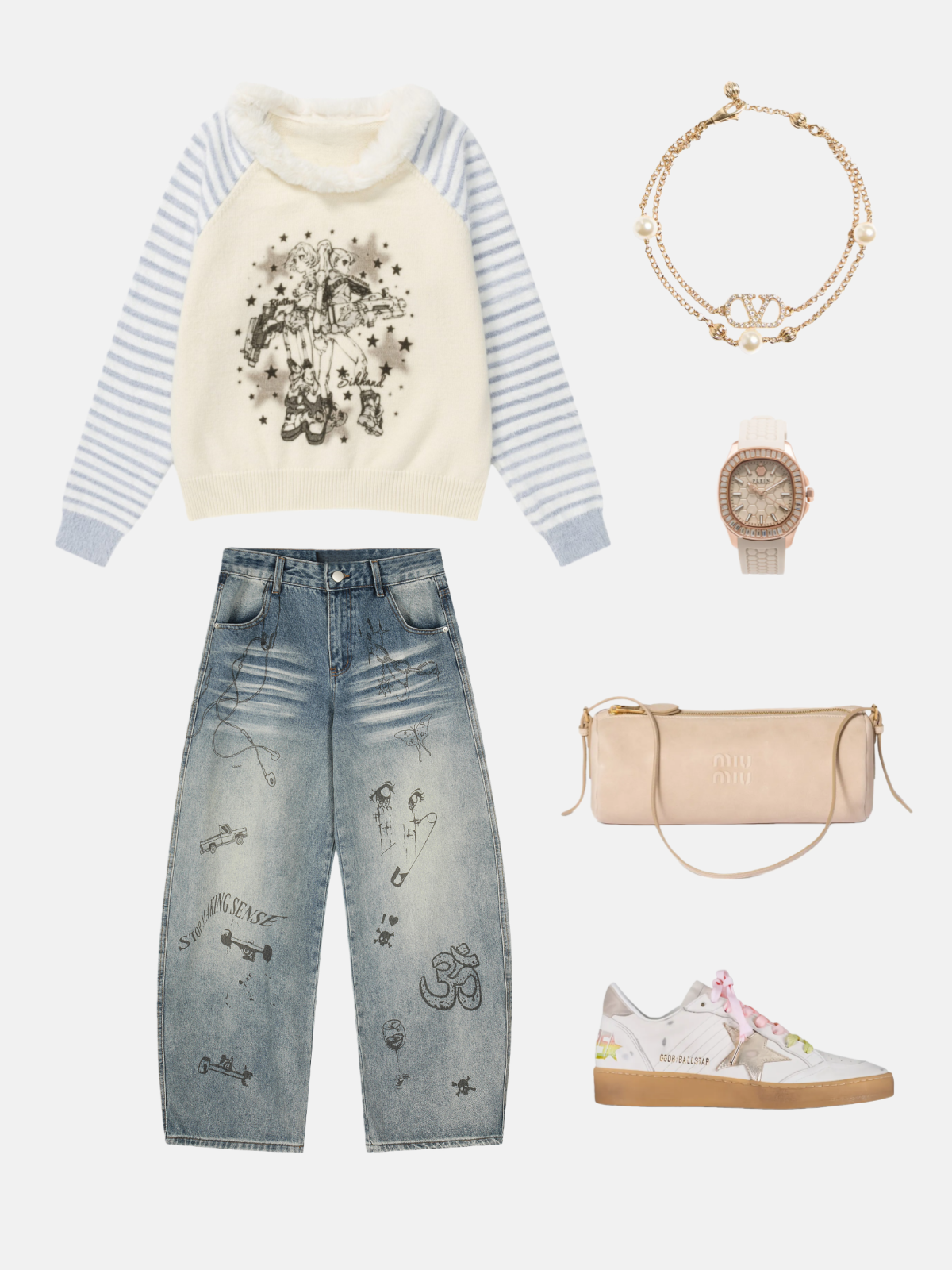 Haaura Hand-Drawn Print Washed Jeans