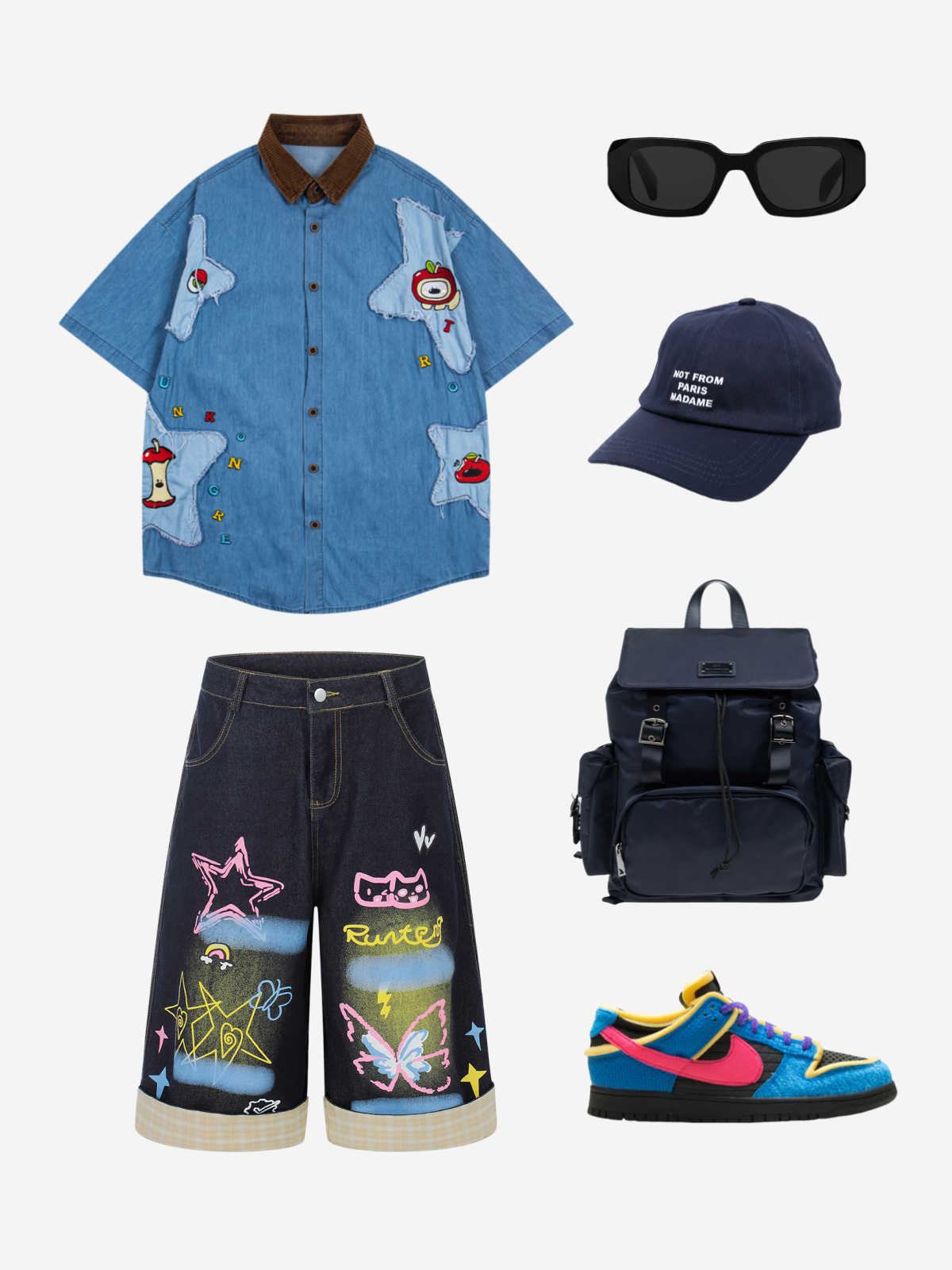 Haaura Graffiti Washed Baggy Plaid Jorts