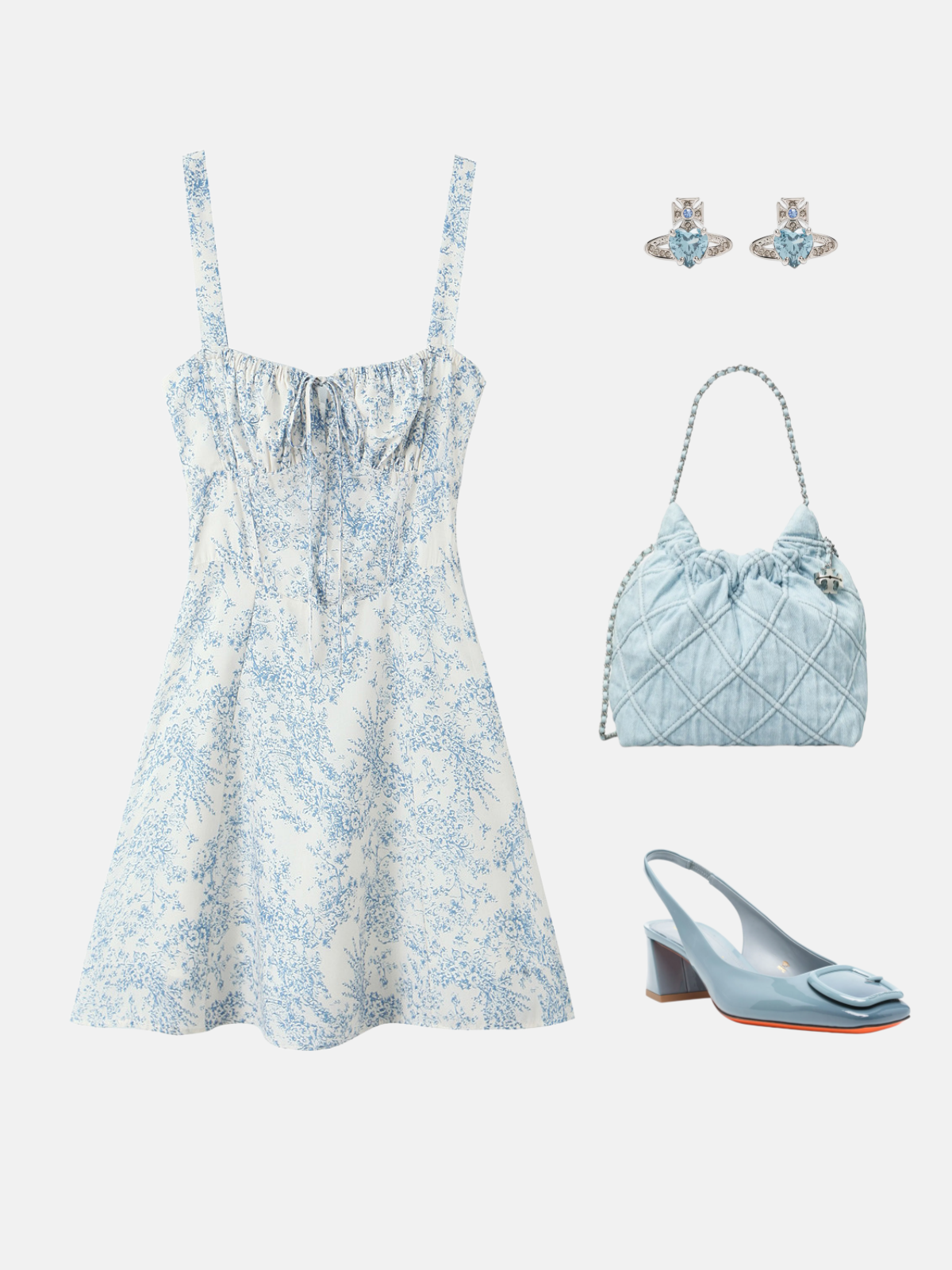 Haaura Ivory Blue Floral Square Neck Tie Midi Dress