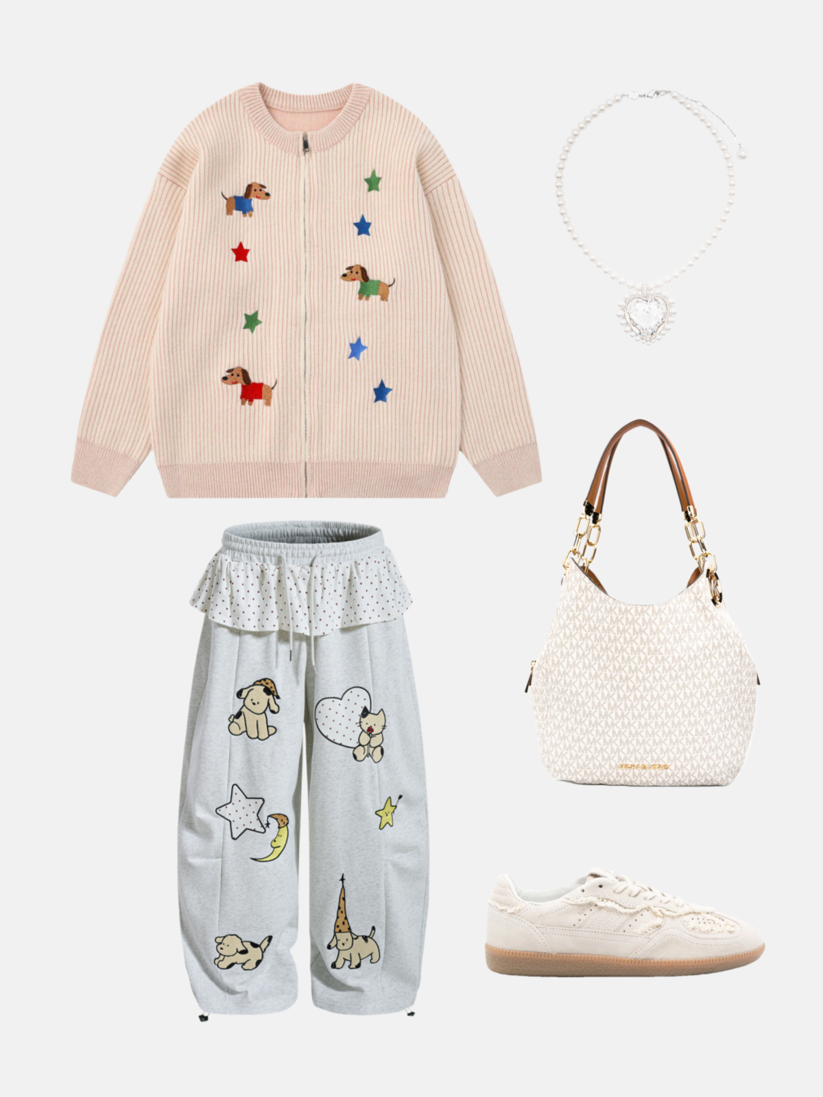 Haaura Polka-Dot Ruffle Waist Embroidered Animal Sweatpants
