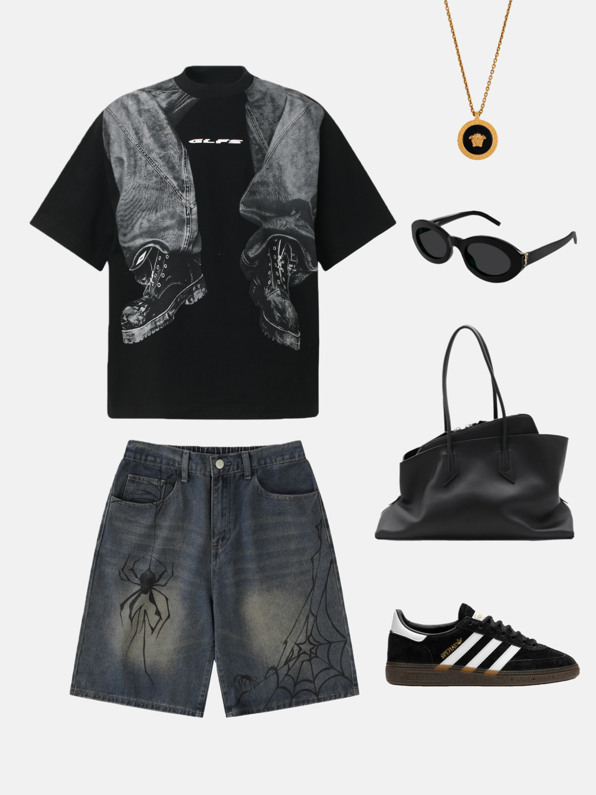 Haaura Spider-Print Elastic Waist Denim Shorts