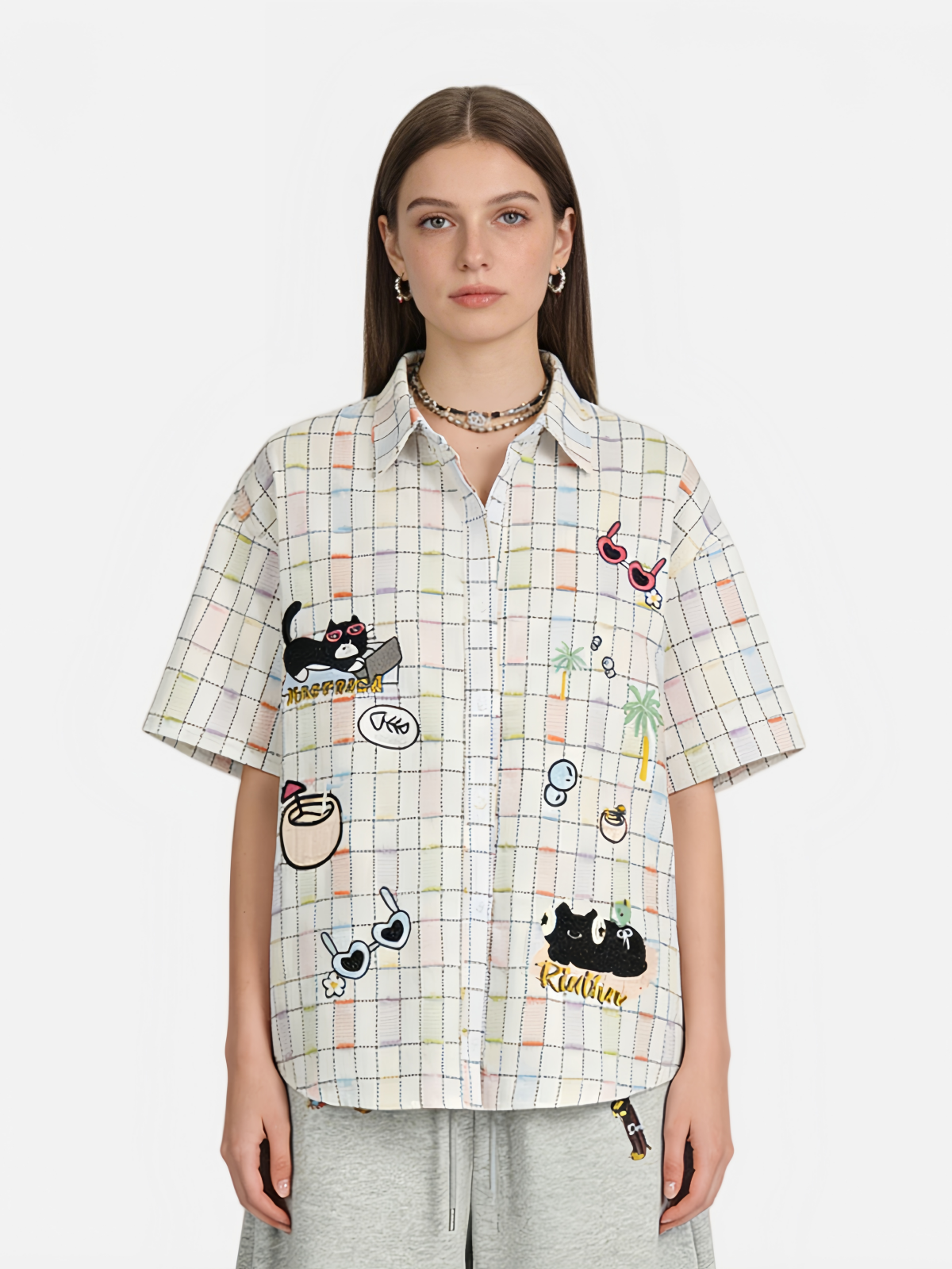 Haaura Summer Cat Paradise Multi-Patch Embroidered Gingham Shirt