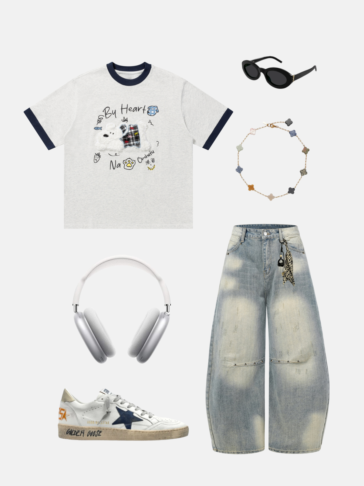 Haaura Washed & Leopard Print Trim Baggy Jeans