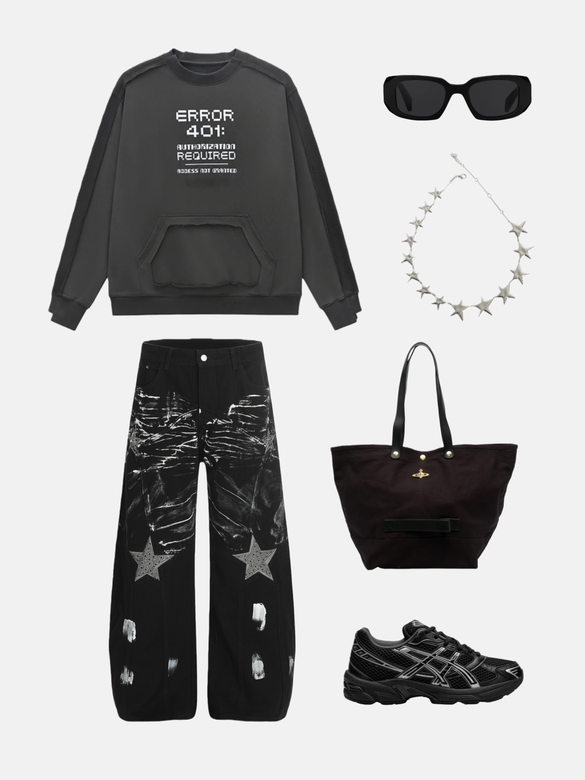Haaura Washed Rhinestone Star Baggy Barrel Jeans