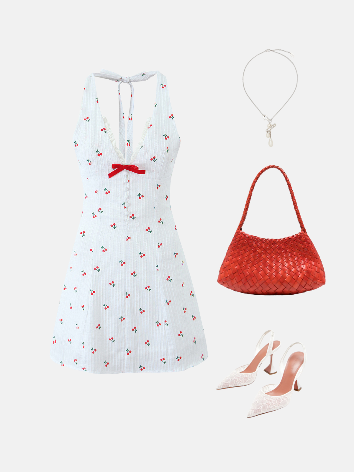 Haaura White Cherry Halter Red Bow Slip Dress