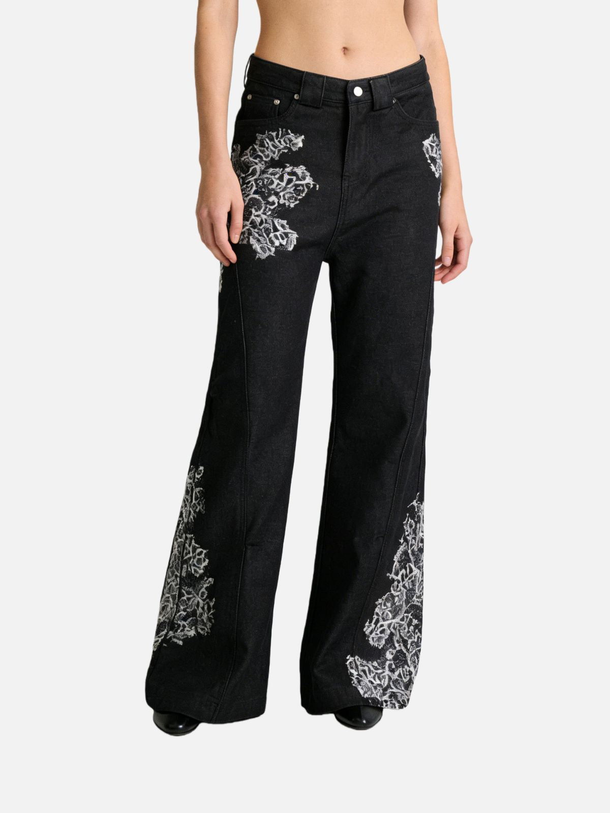 Haaura Embroidered Floral Bell-Bottom Jeans