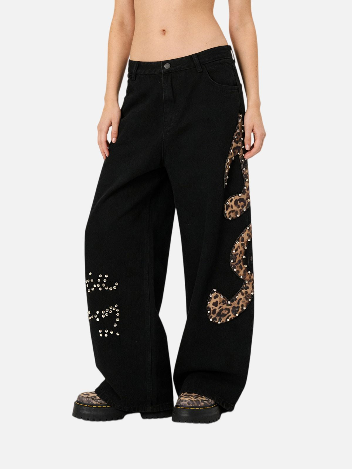Haaura Leopard Rhinestone Baggy Jeans