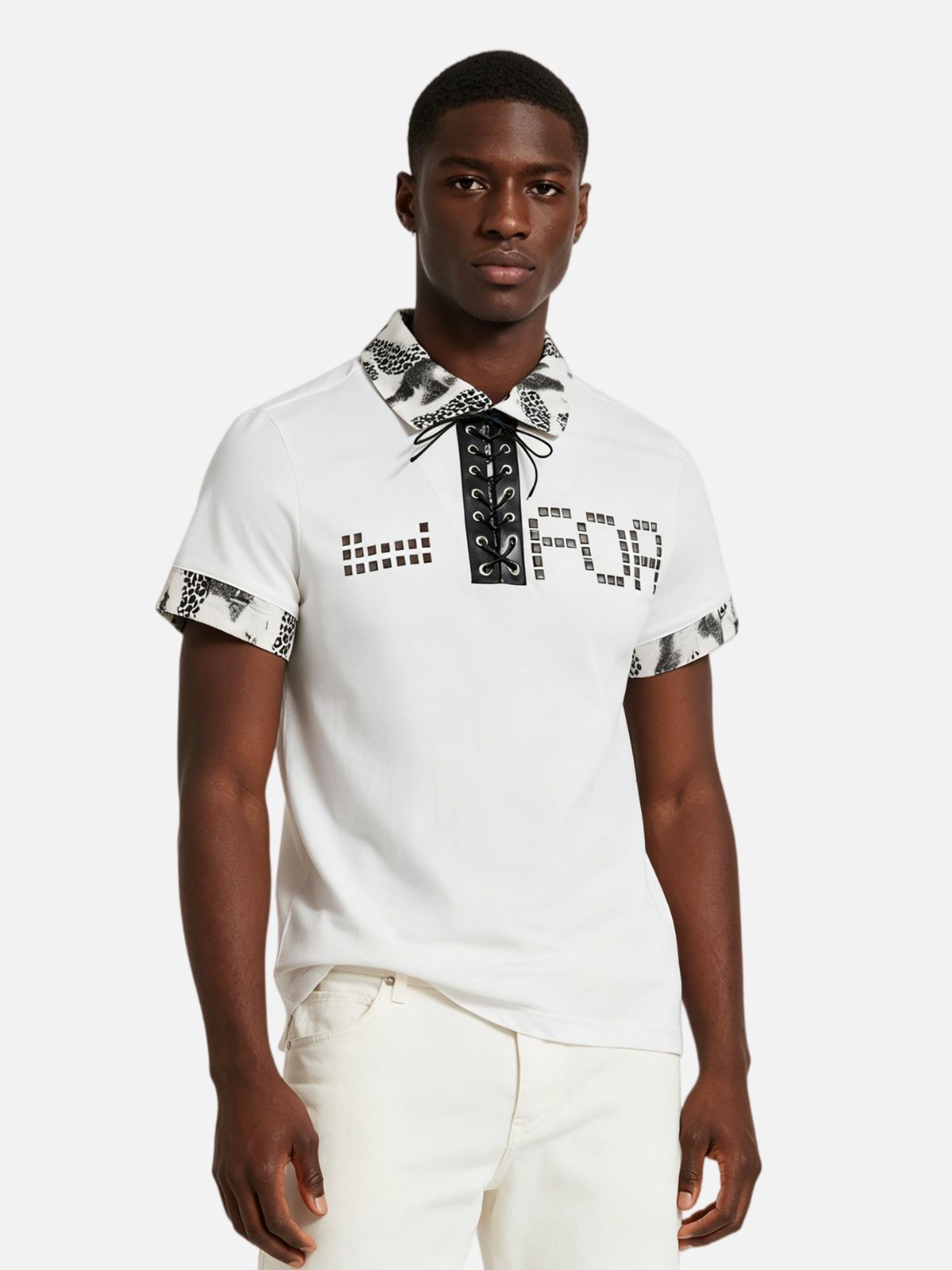 Haaura Lace-Up Leopard Print Pixelated Polo Shirt