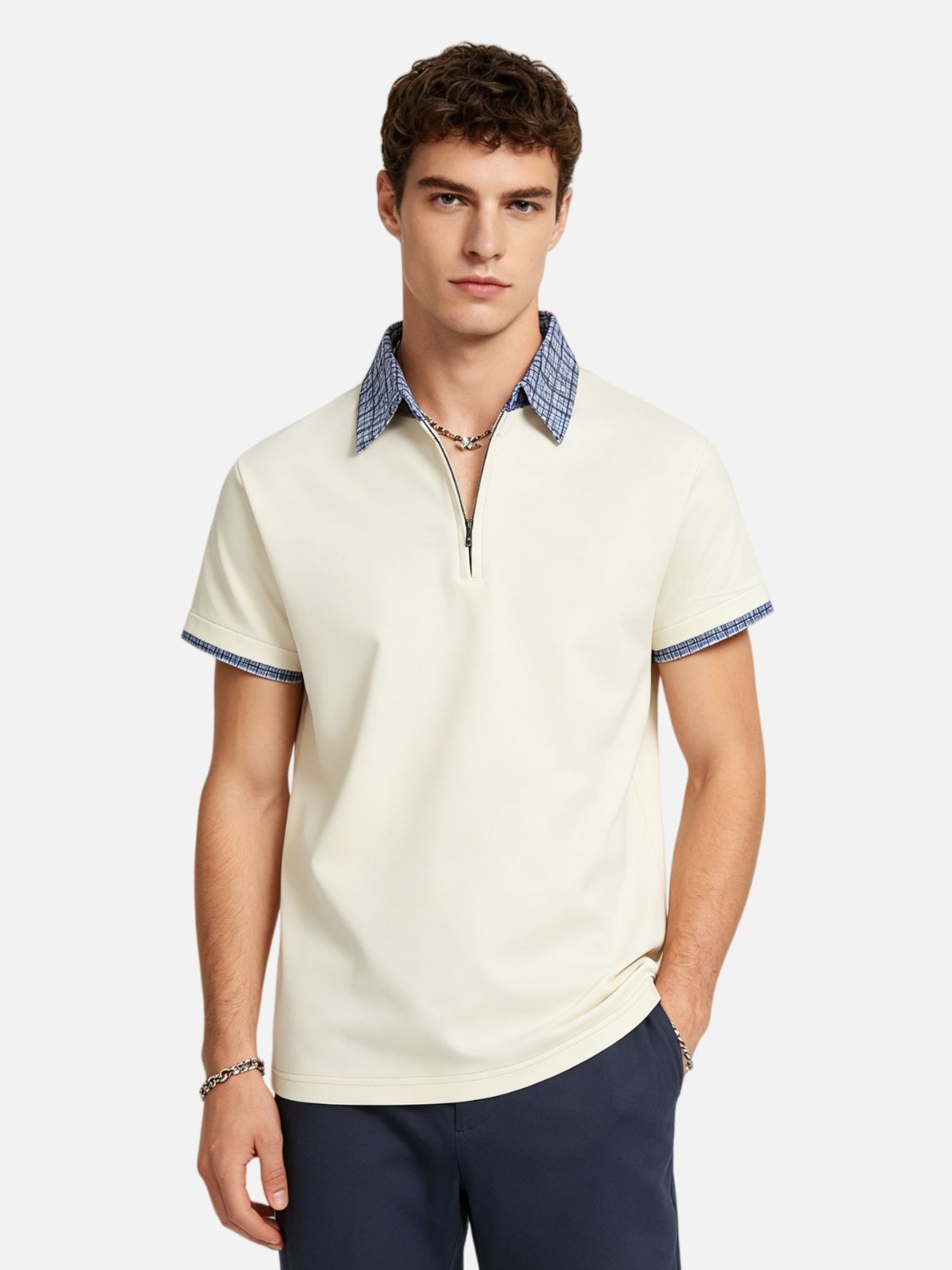 Haaura Check Collar Half-Zip Polo Shirt