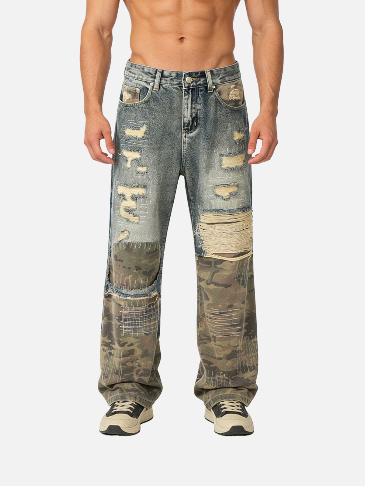 Haaura Destructed Camo-Patch Denim Jeans