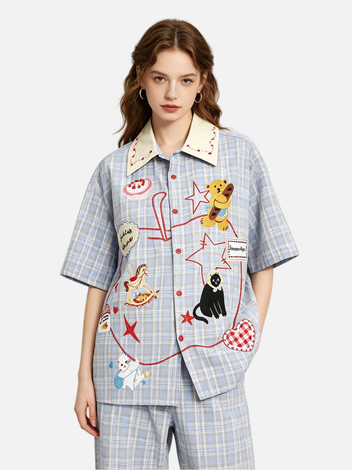 Haaura Bear & Cat Embroidery Shirt