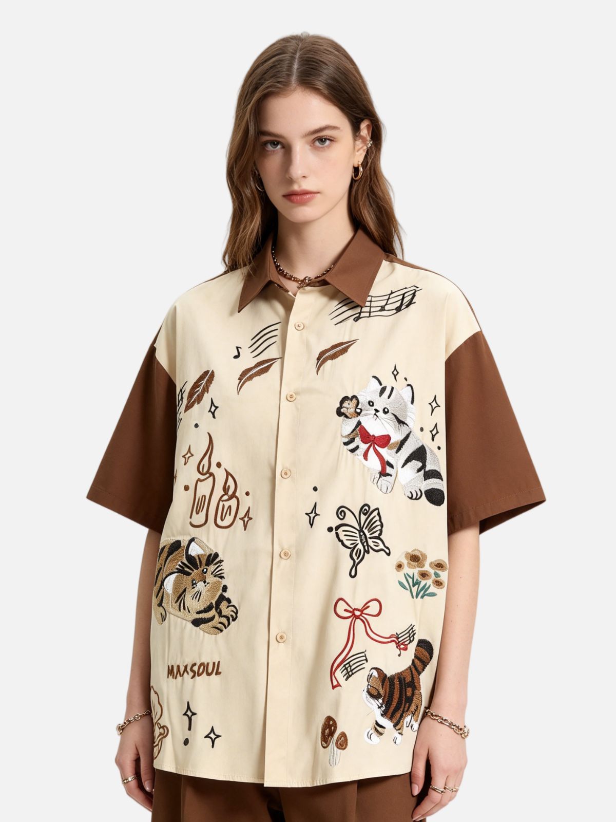 Haaura Color Block Cat Embroidery Shirt