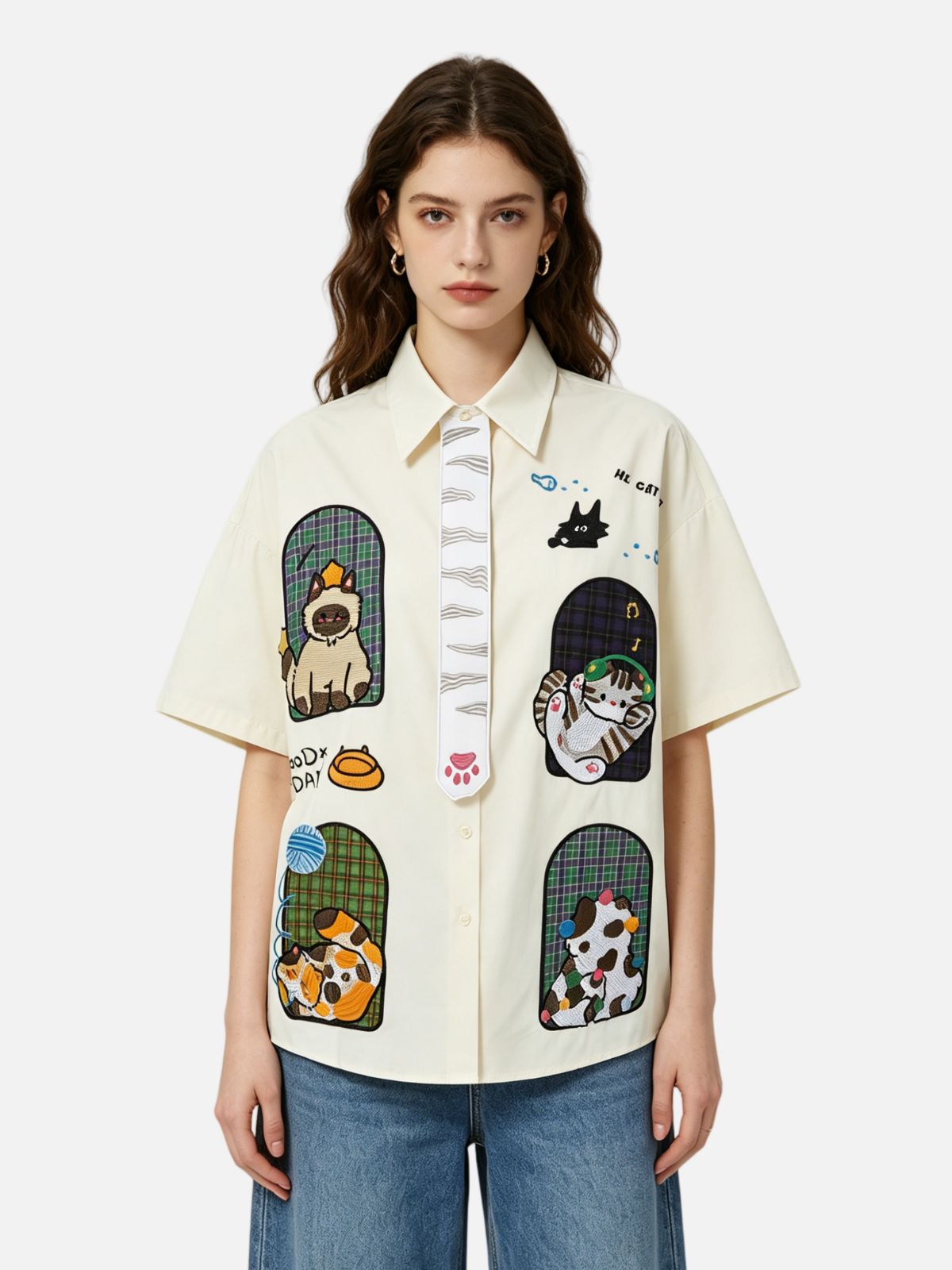 Haaura Vintage Cartoon Cat Embroidery Shirt