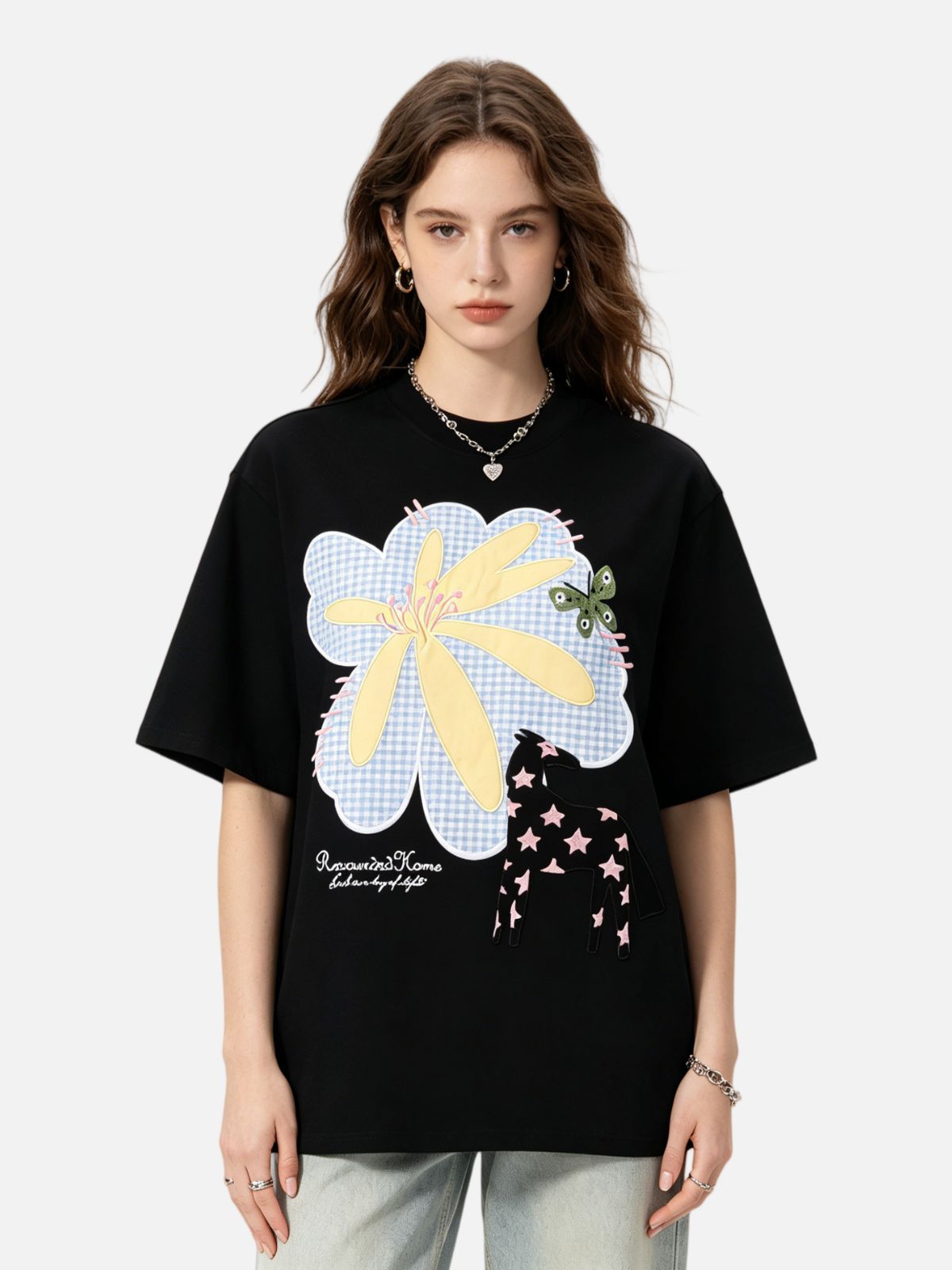 Haaura Checkered Floral Star Pony Graphic Tee