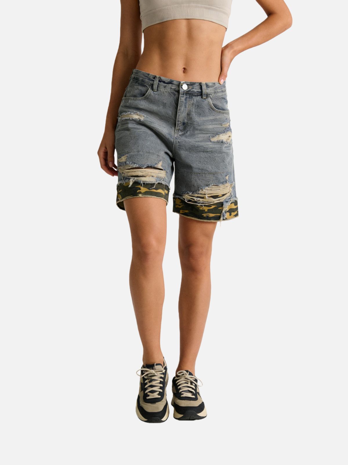 Haaura Camo-Patch Destroyed Denim Shorts