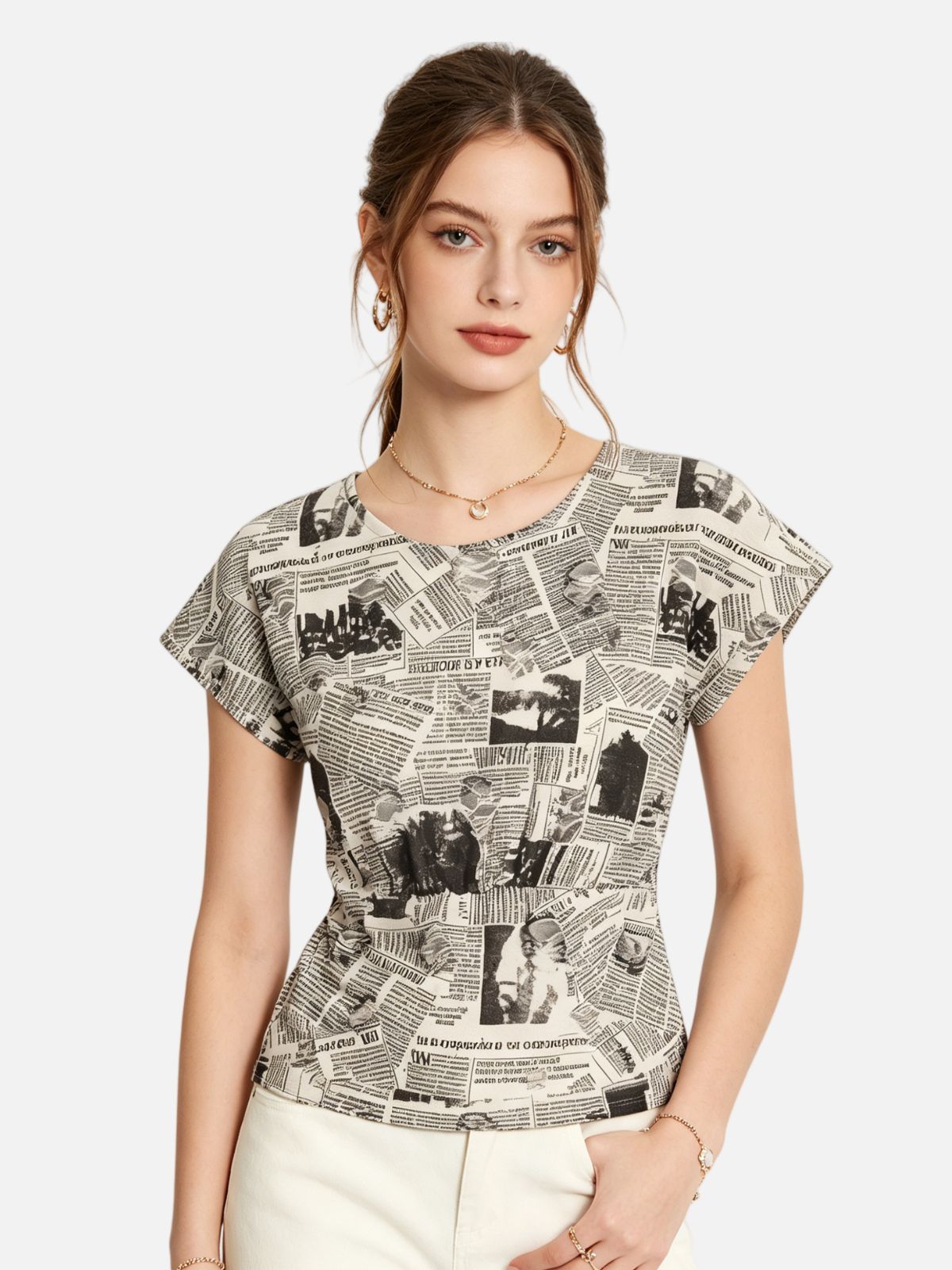 Haaura Cropped Newspaper Print Ruched Top
