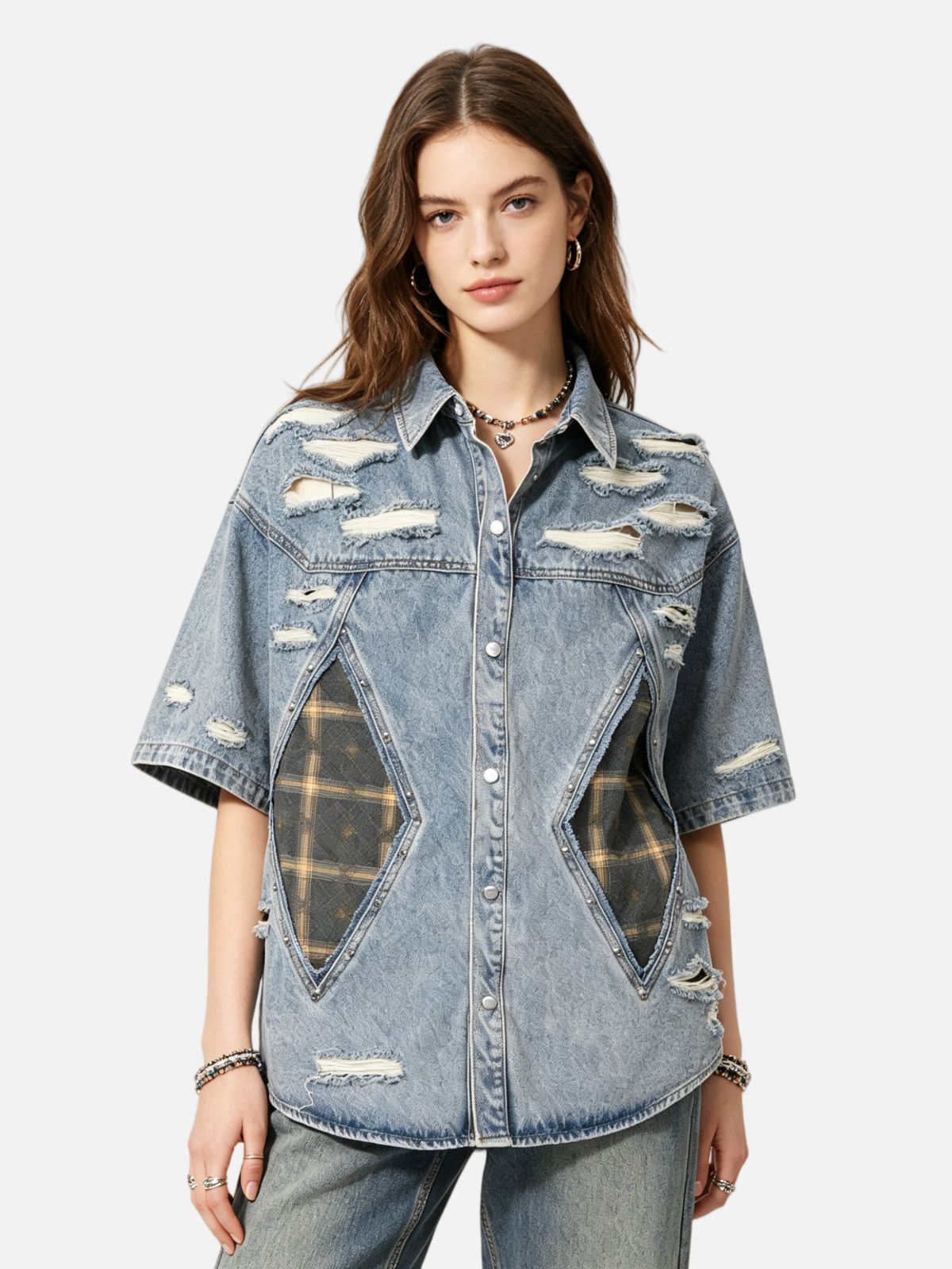 Haaura Plaid Patchwork Denim Shirt