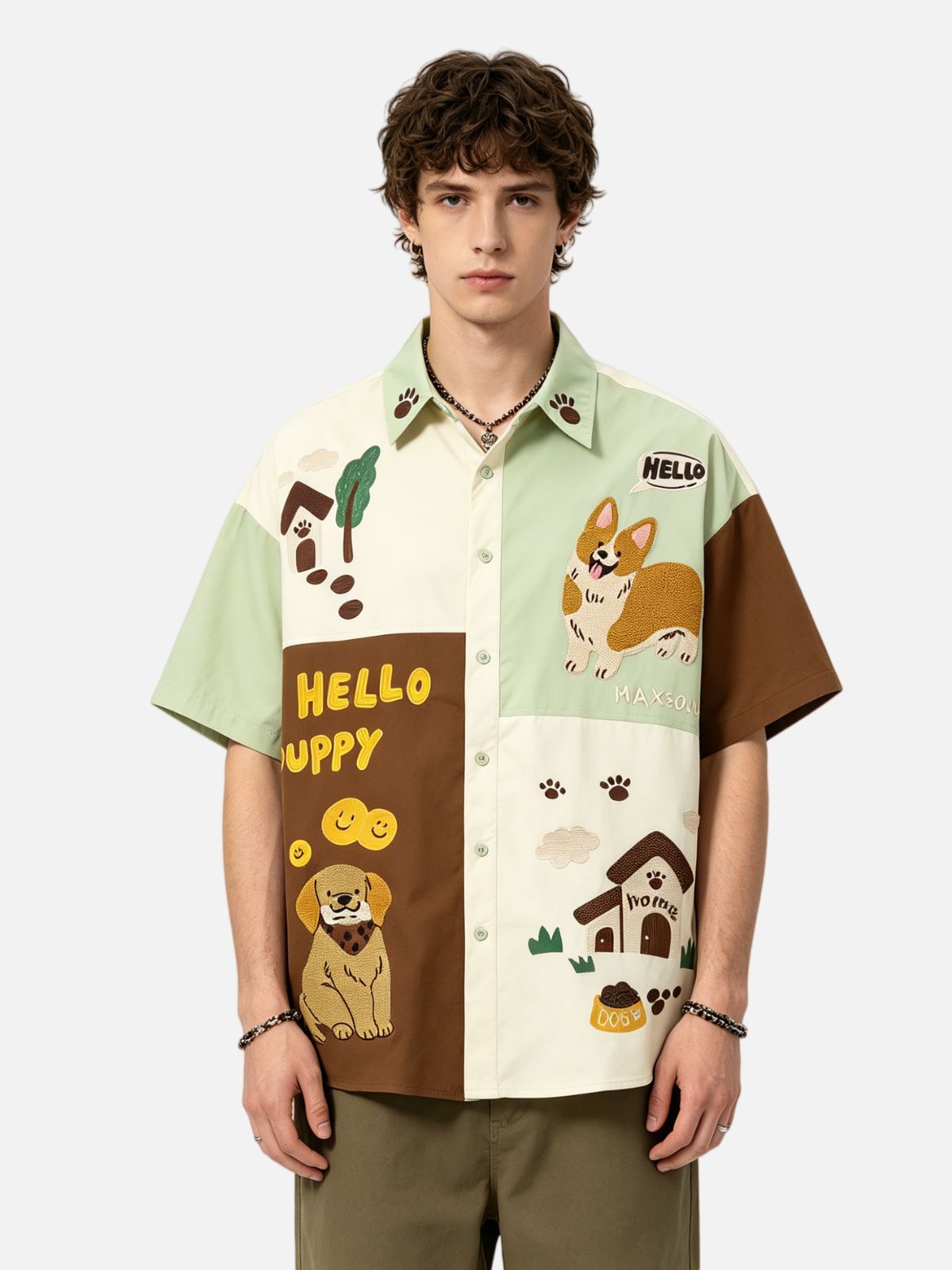 Haaura Color Block Cartoon Puppy Embroidery Shirt