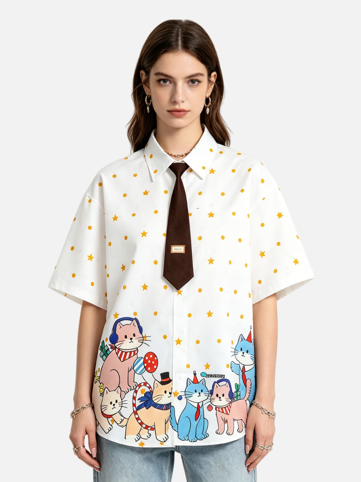 Haaura Cat Print Fake Tie Detail Bowling Shirt