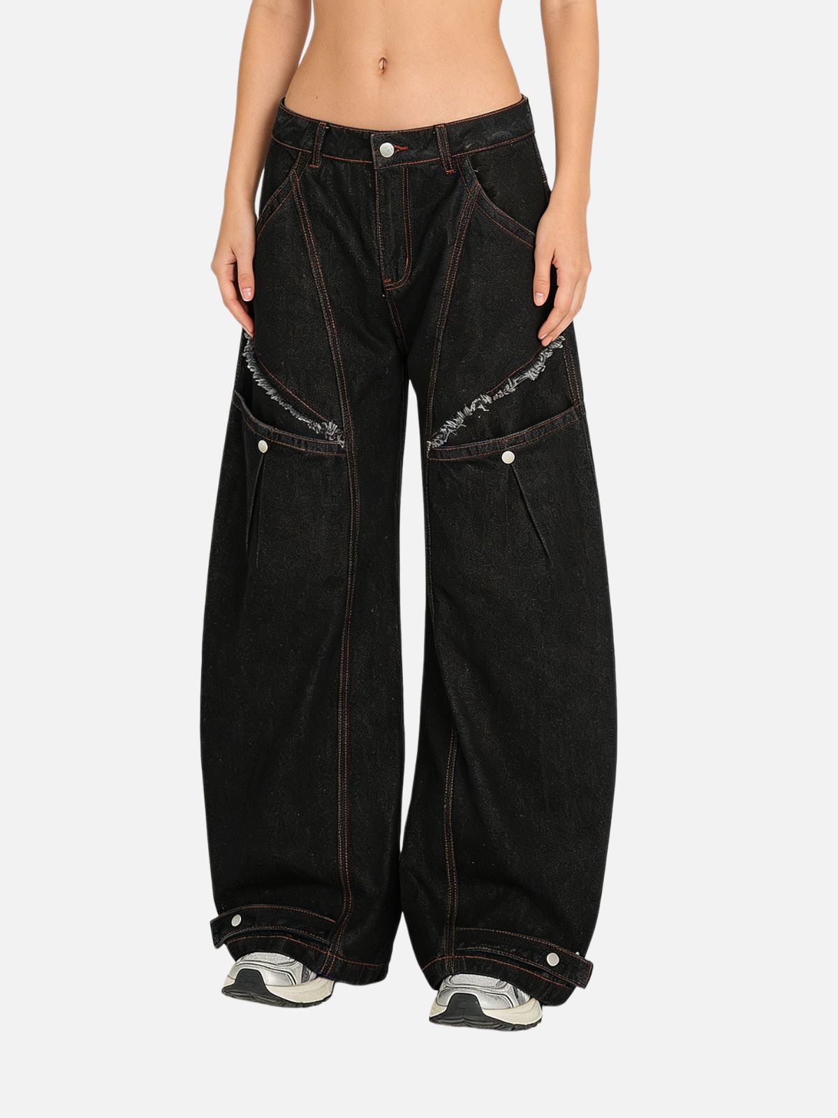 Haaura Frayed Panel Baggy Barrel Jeans