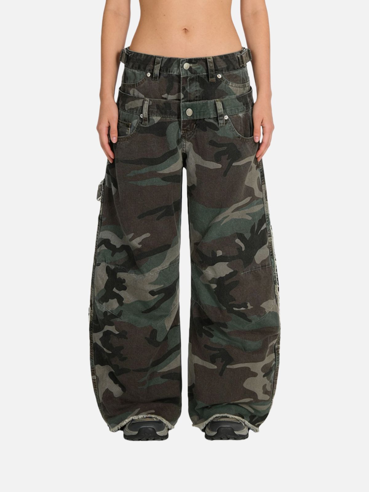Haaura Camo Double Waist Cargo Baaggy Barrel Pants